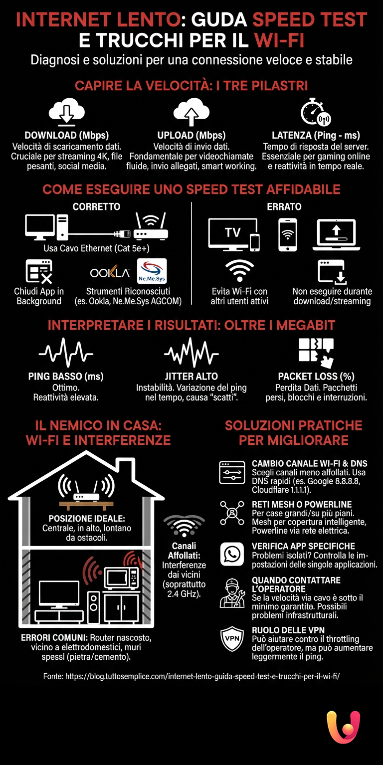 Internet Lento: Guida Speed Test e Trucchi per il Wi - Fi - Infografica riassuntiva