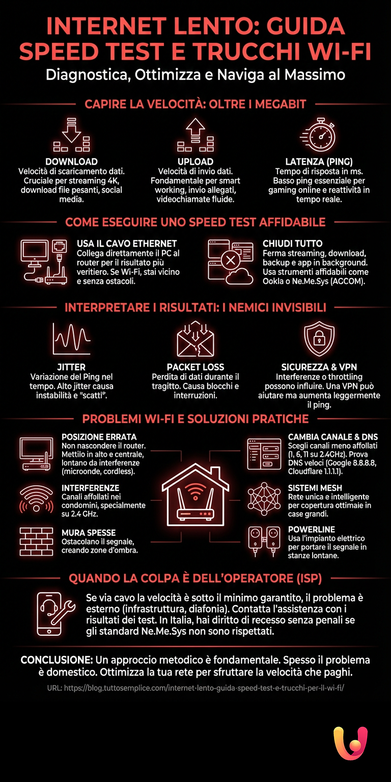 Internet Lento: Guida Speed Test e Trucchi per il Wi - Fi - Infografica riassuntiva
