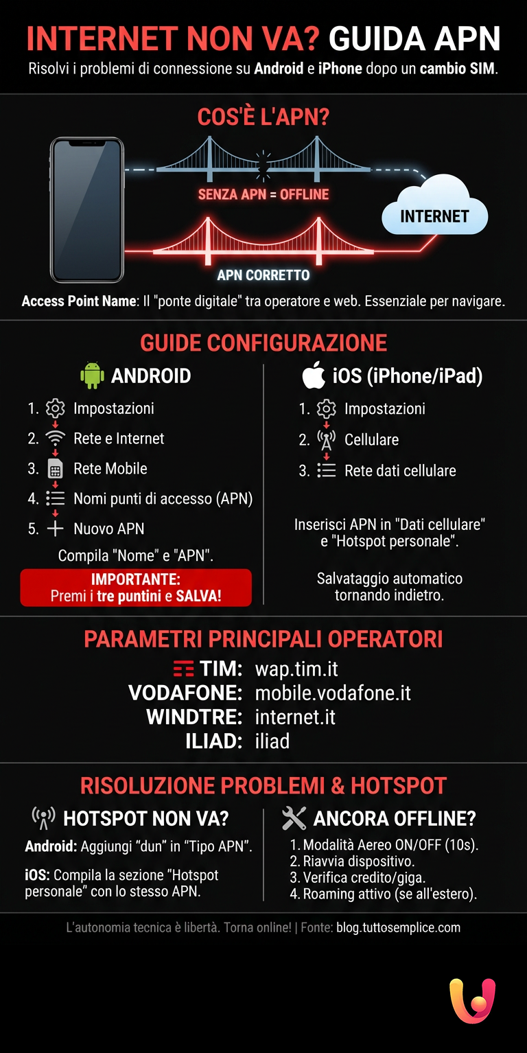 Internet non va? Guida configurazione APN Android e iPhone - Infografica riassuntiva