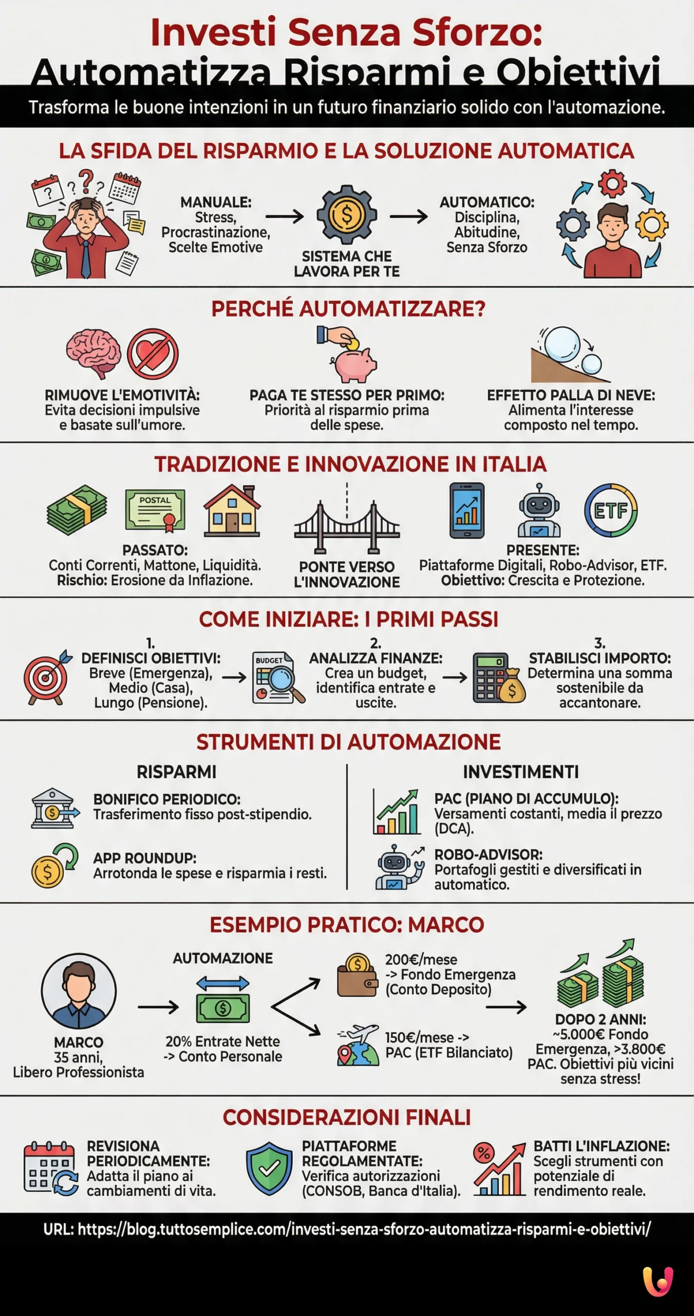 Investi Senza Sforzo: Automatizza Risparmi e Obiettivi - Infografica riassuntiva