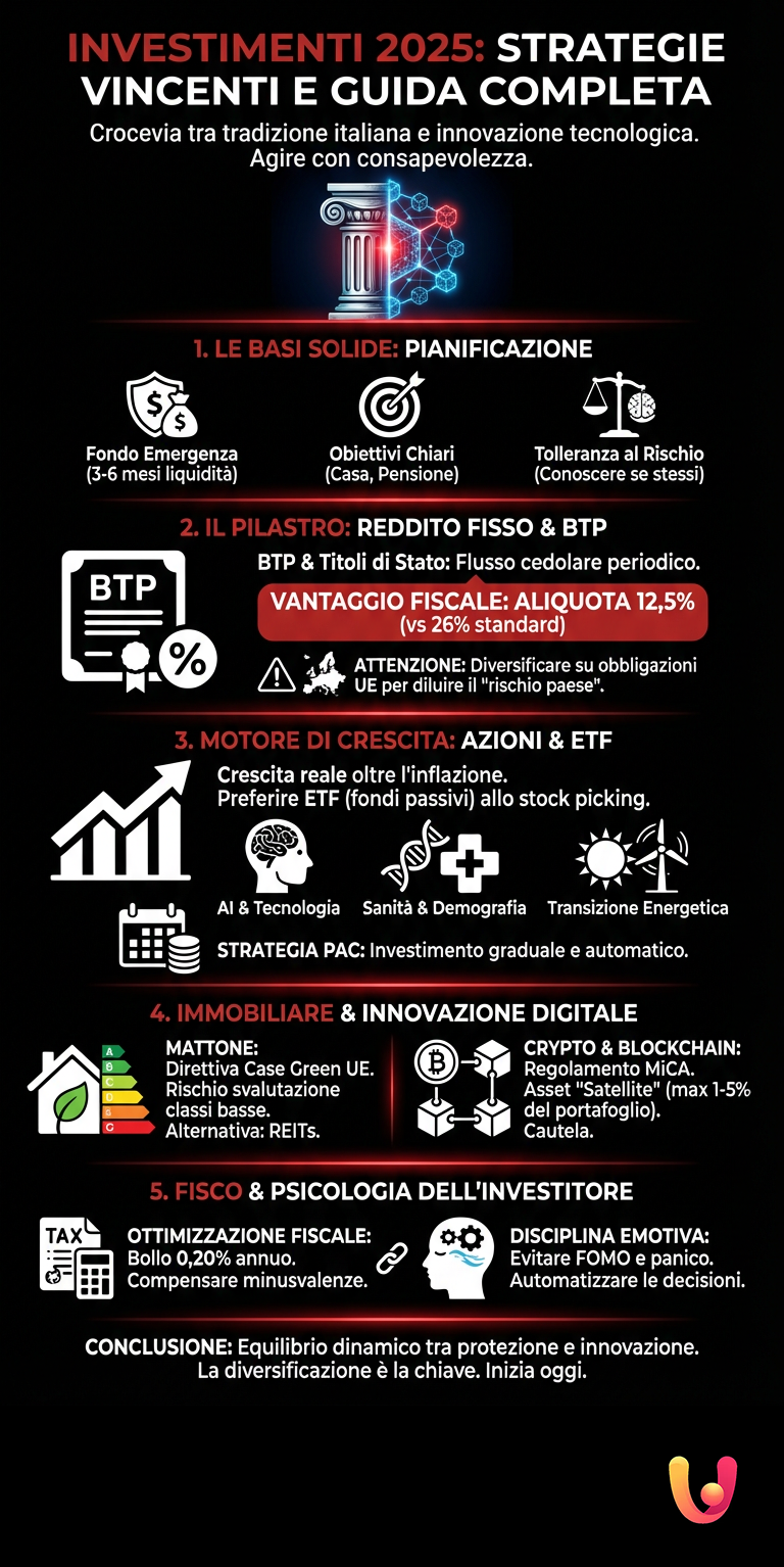Investimenti 2025: Strategie Vincenti e Guida Completa - Infografica riassuntiva