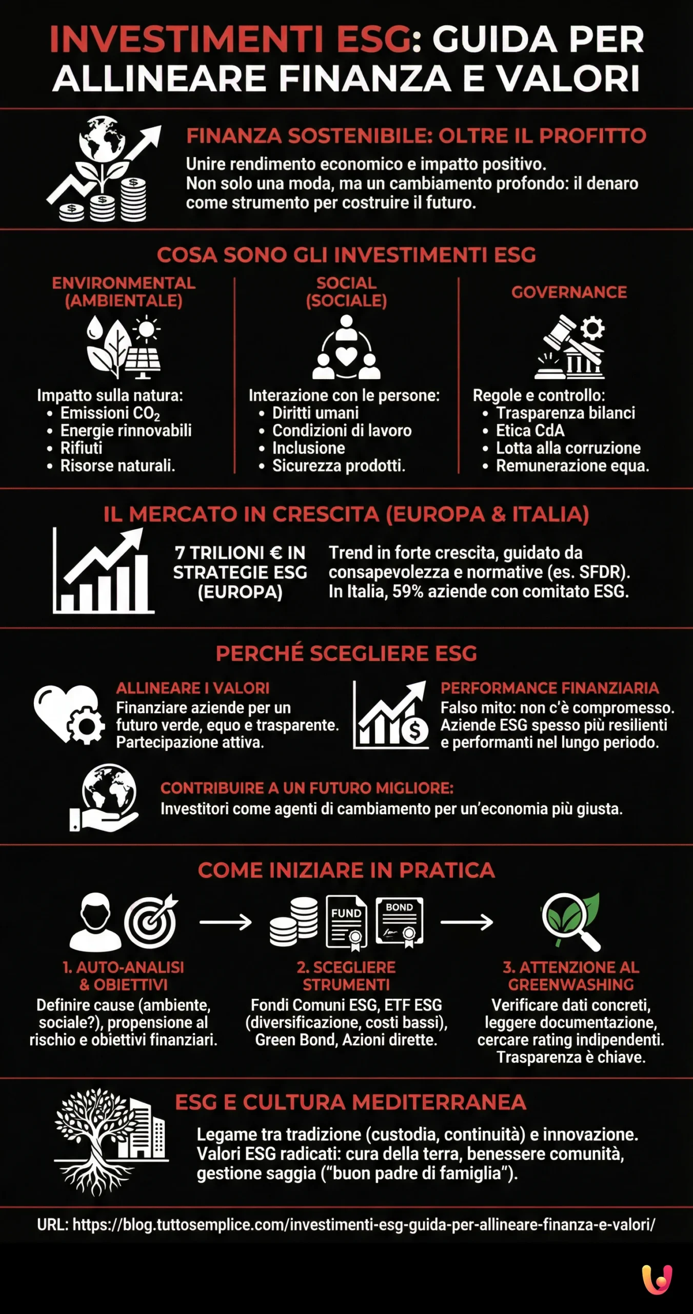 Investimenti ESG: Guida per Allineare Finanza e Valori - Infografica riassuntiva