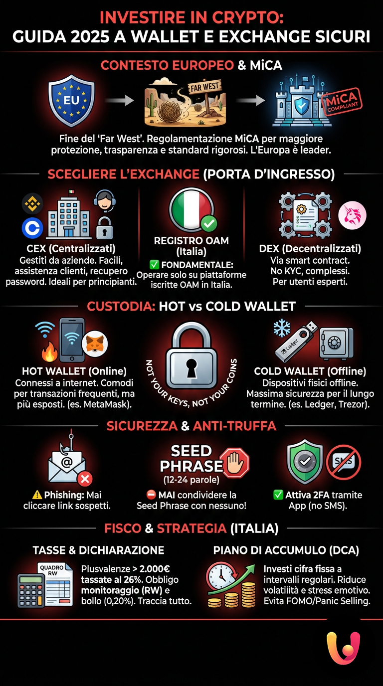 Investire in Crypto: Guida 2025 a Wallet e Exchange Sicuri - Infografica riassuntiva