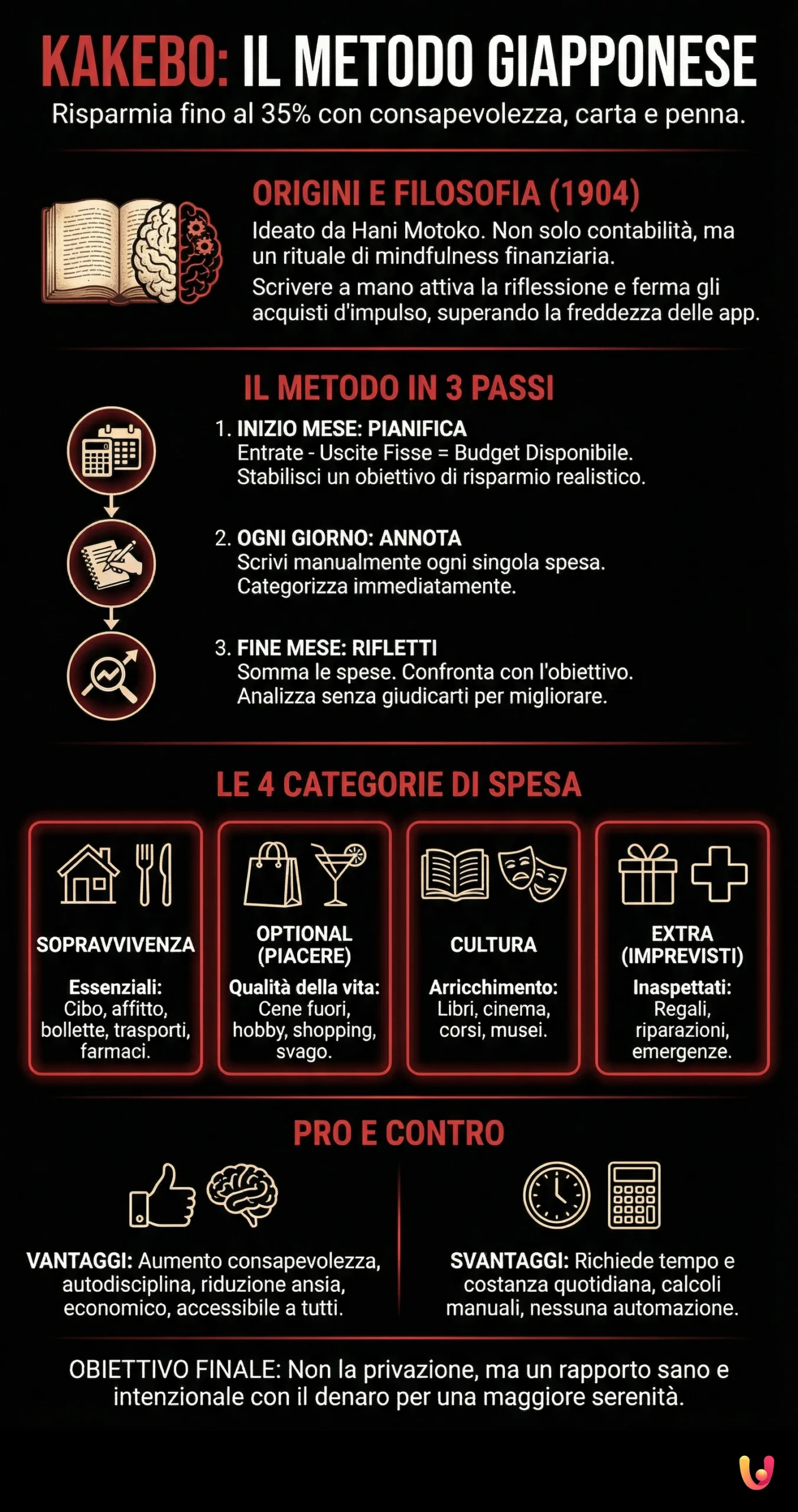 Kakebo: il metodo giapponese per risparmiare fino al 35% - Infografica riassuntiva