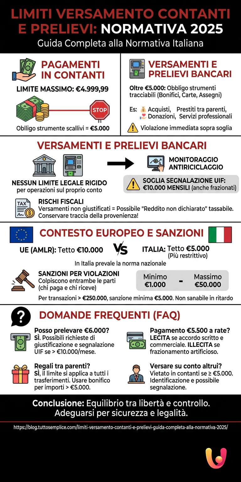 Limiti Versamento Contanti e Prelievi: Guida Completa alla Normativa 2025 - Infografica riassuntiva