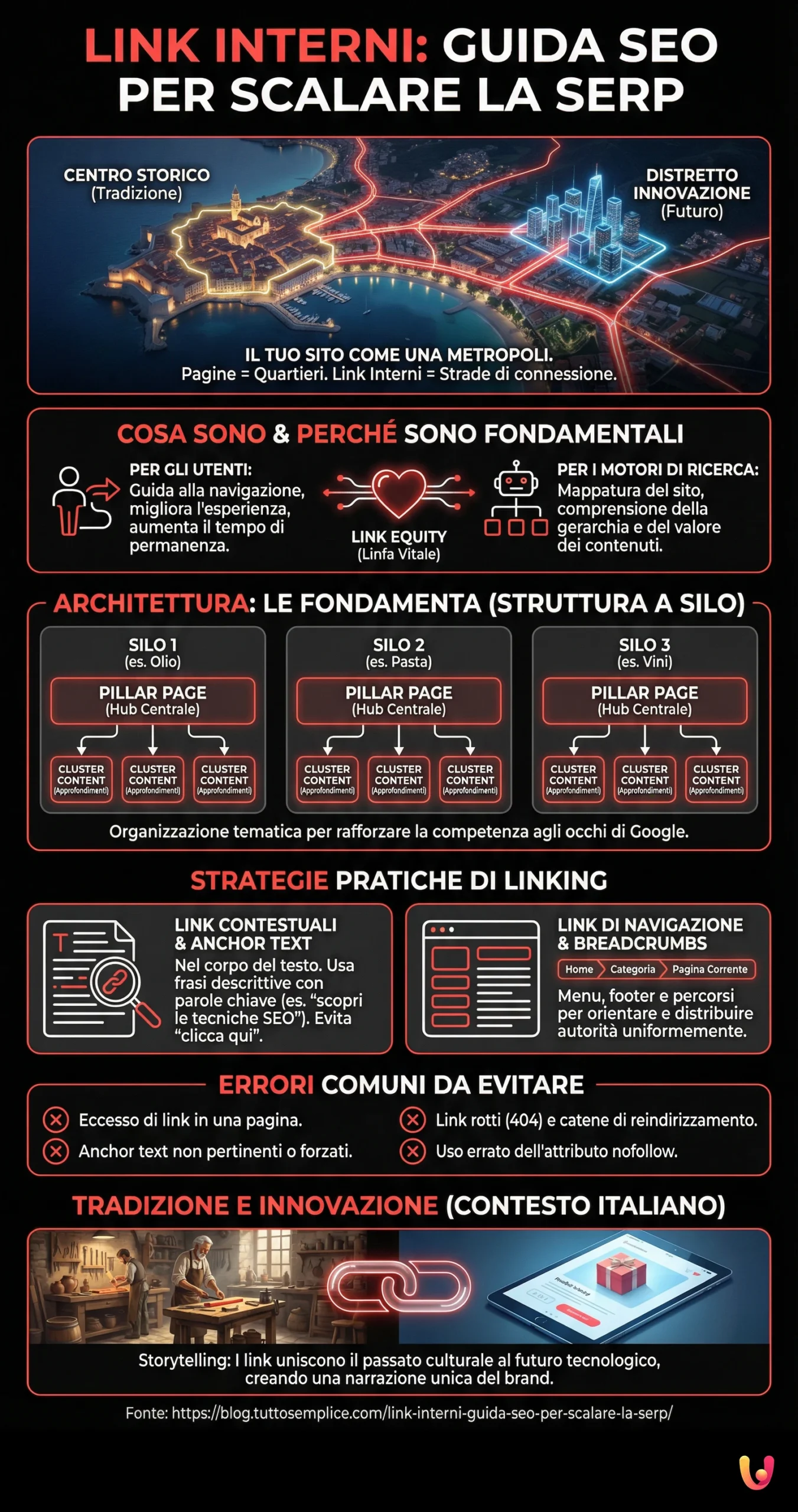 Link Interni: Guida SEO per Scalare la SERP - Infografica riassuntiva
