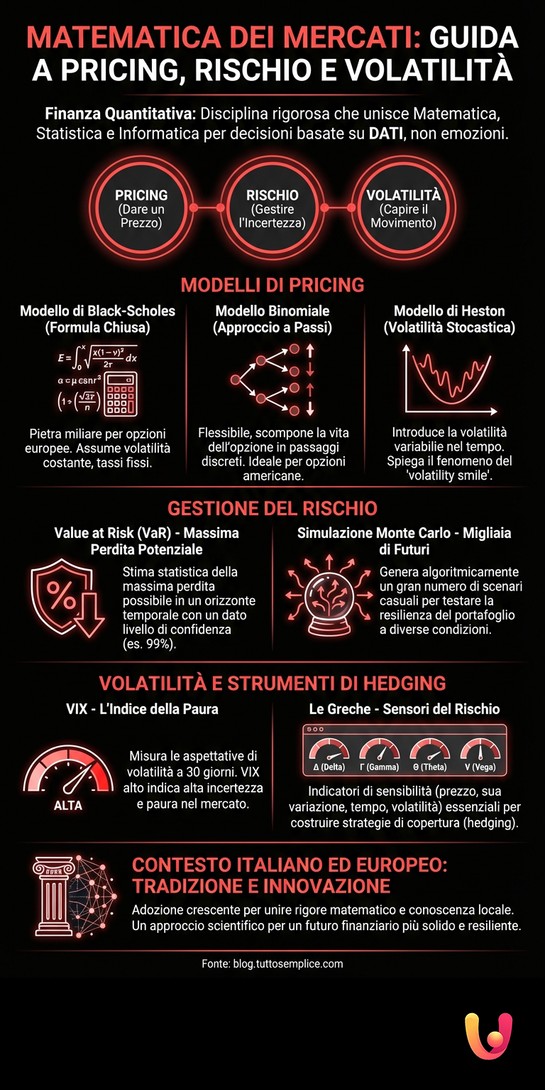 Matematica dei Mercati: Guida a Pricing, Rischio e Volatilit&agrave; - Infografica riassuntiva