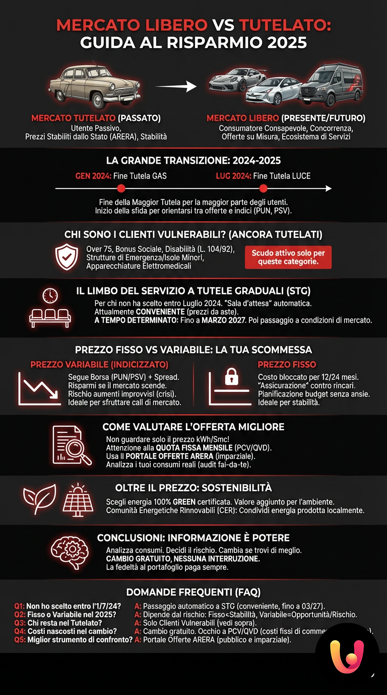 Mercato Libero vs Tutelato: Guida al Risparmio 2025 - Infografica riassuntiva