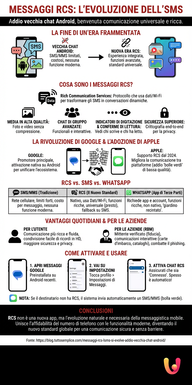 Messaggi RCS: l'SMS si evolve, addio vecchia chat Android - Infografica riassuntiva
