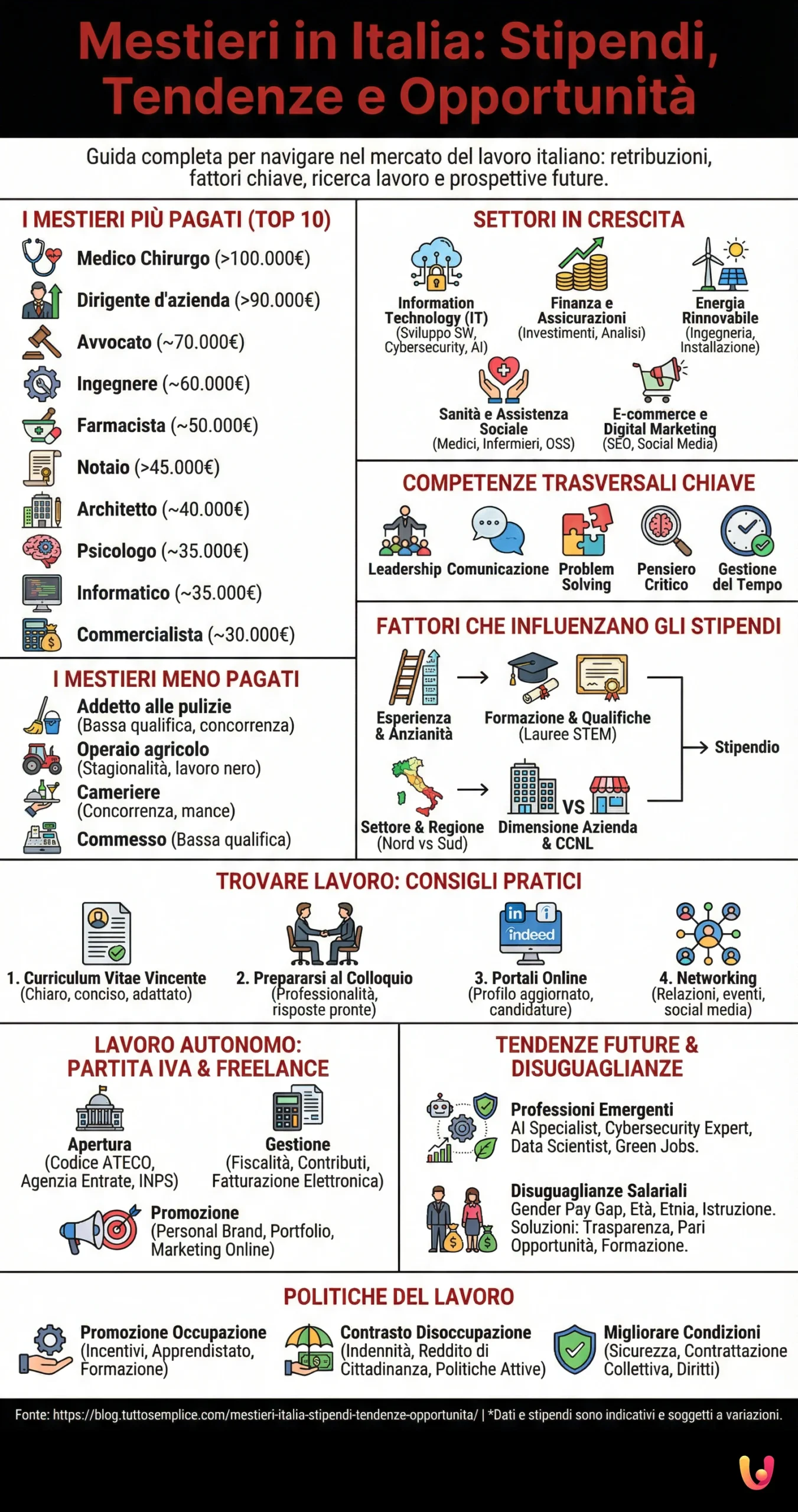 Mestieri in Italia: Stipendi, Tendenze e Opportunit&agrave; - Infografica riassuntiva