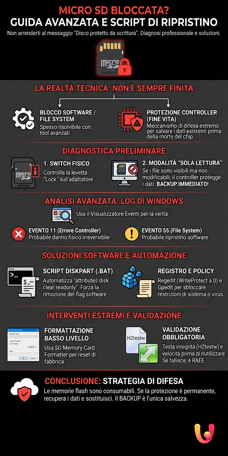 Micro SD Bloccata? Script di Ripristino e Guida Avanzata - Infografica riassuntiva