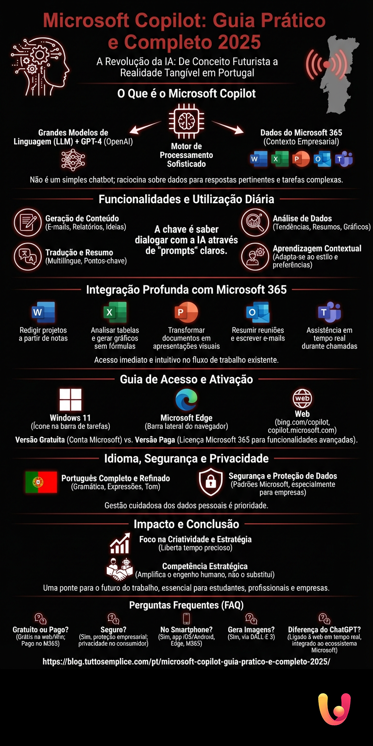 Microsoft Copilot: Guia Pr&aacute;tico e Completo 2025 - Infografica riassuntiva