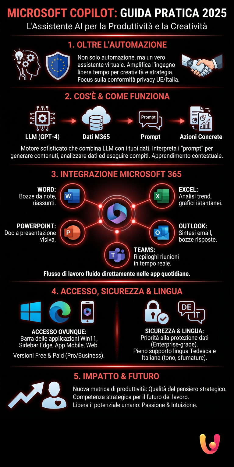 Microsoft Copilot: Praktischer und umfassender Leitfaden 2025 - Infografica riassuntiva