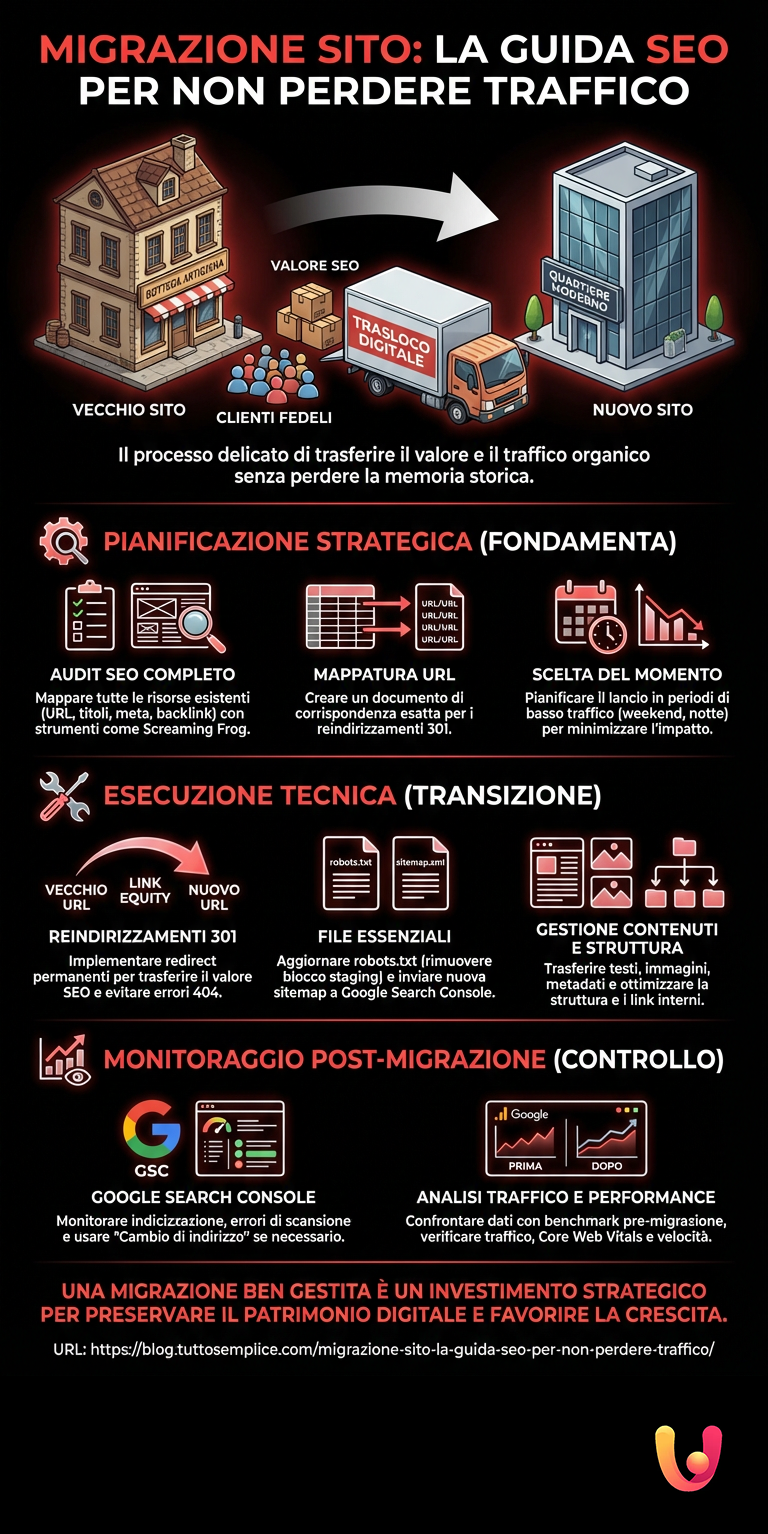 Migrazione sito: la guida SEO per non perdere traffico - Infografica riassuntiva