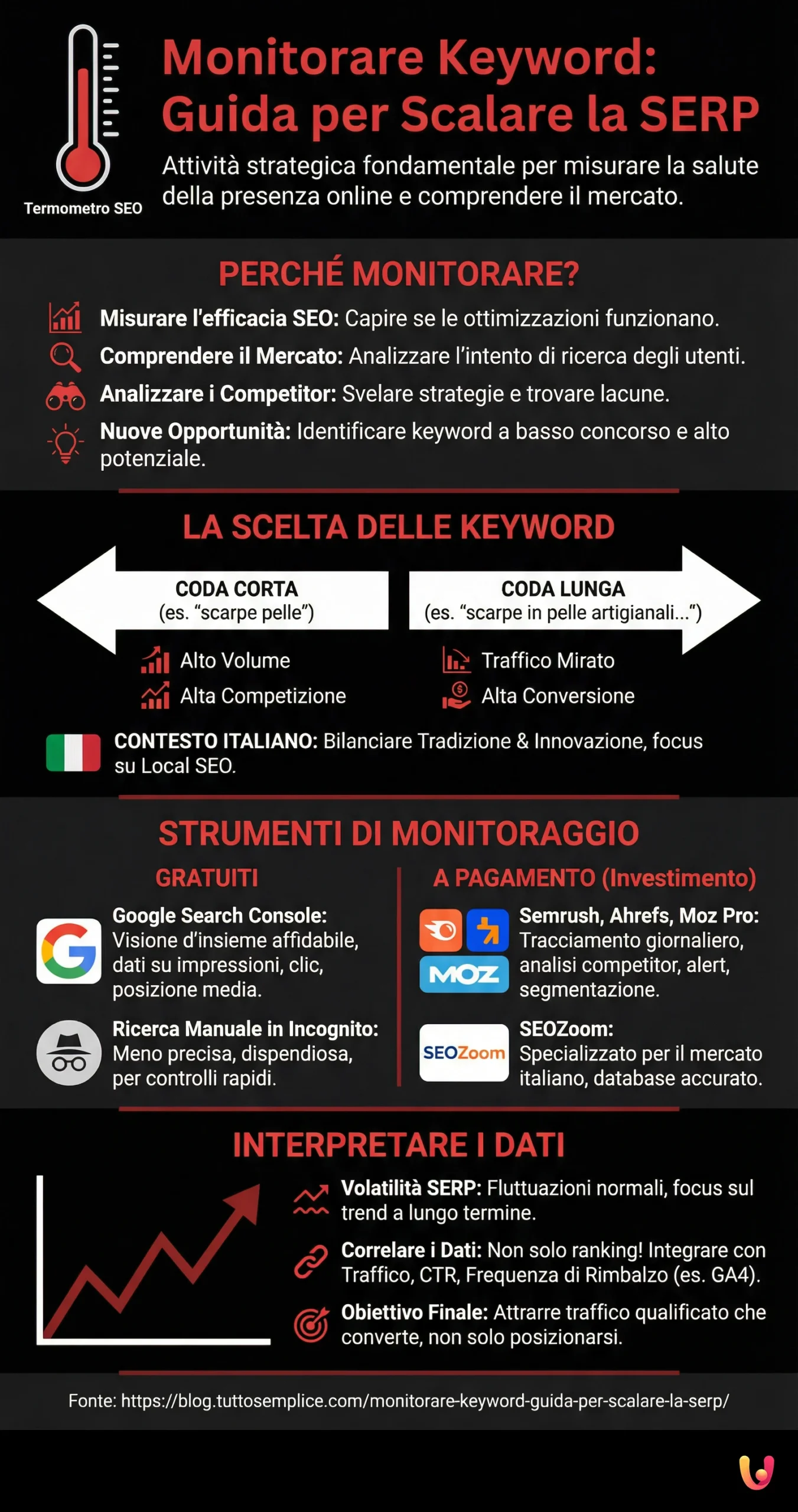 Monitorare Keyword: Guida per Scalare la SERP - Infografica riassuntiva