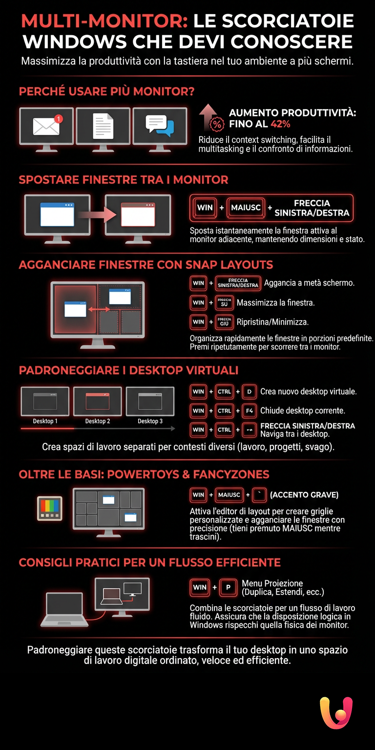 Multi - monitor: le scorciatoie Windows che devi conoscere - Infografica riassuntiva