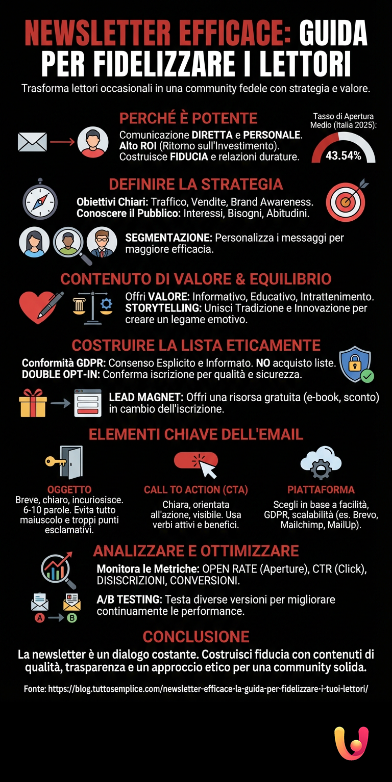 Newsletter efficace: la guida per fidelizzare i tuoi lettori - Infografica riassuntiva
