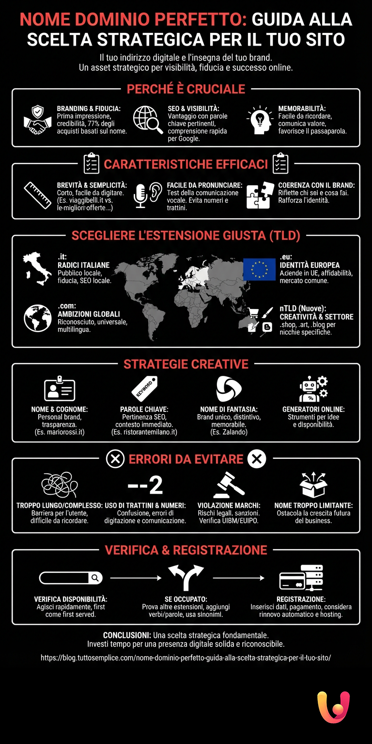 Nome Dominio Perfetto: Guida alla Scelta Strategica per il Tuo Sito - Infografica riassuntiva
