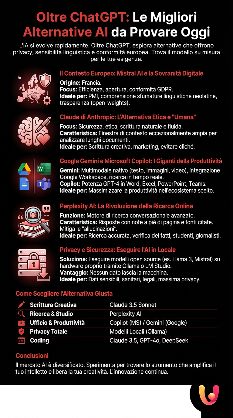 Oltre ChatGPT: Le Migliori Alternative AI da Provare Oggi - Infografica riassuntiva