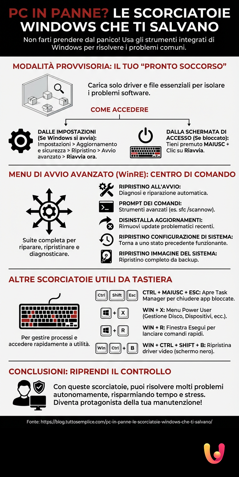PC in panne? Le scorciatoie Windows che ti salvano - Infografica riassuntiva