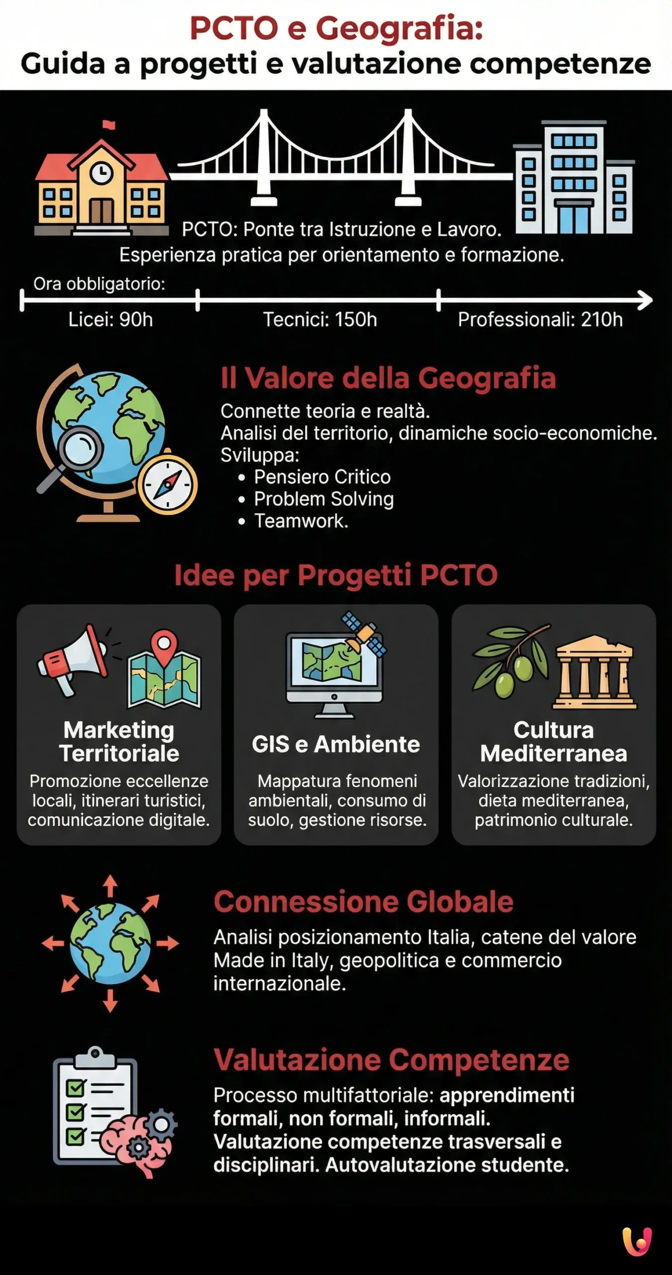 PCTO e Geografia: Guida a progetti e valutazione competenze - Infografica riassuntiva