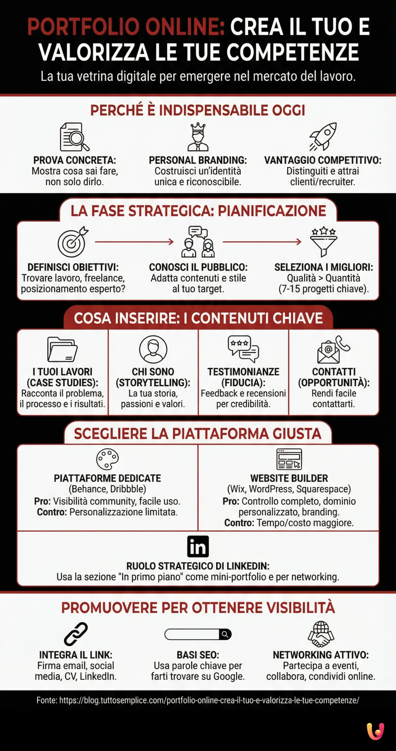 Portfolio Online: Crea il Tuo e Valorizza le Tue Competenze - Infografica riassuntiva