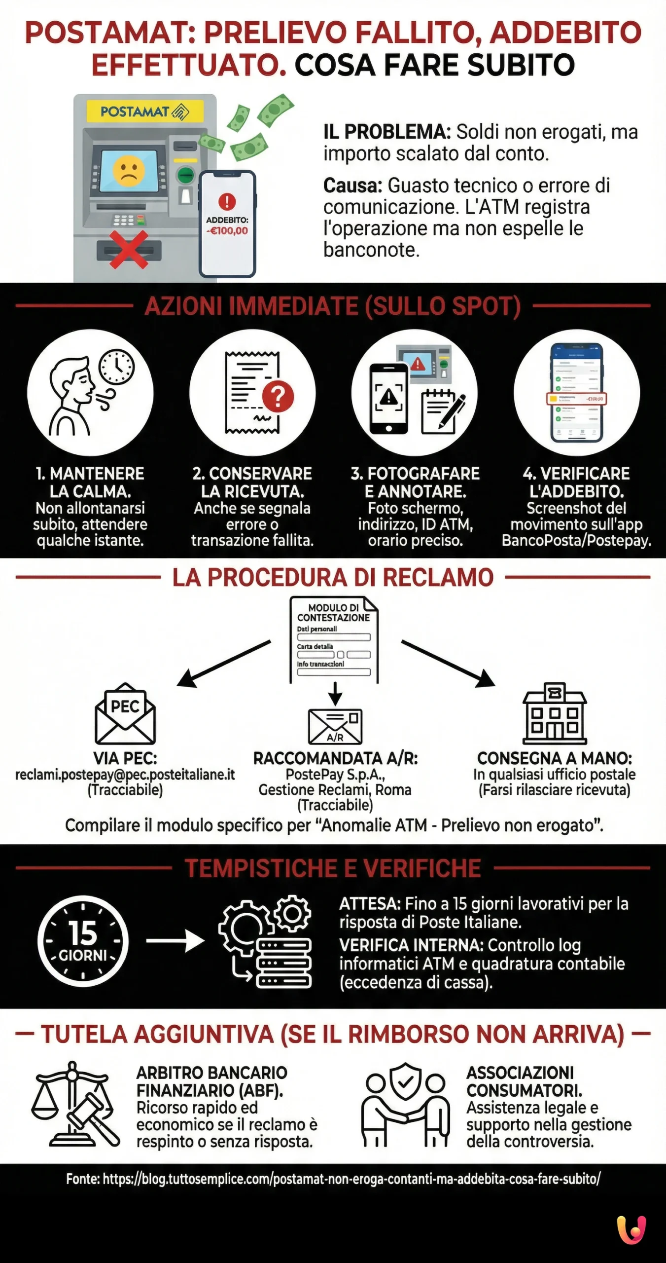 Postamat non eroga contanti ma addebita? Cosa fare subito - Infografica riassuntiva