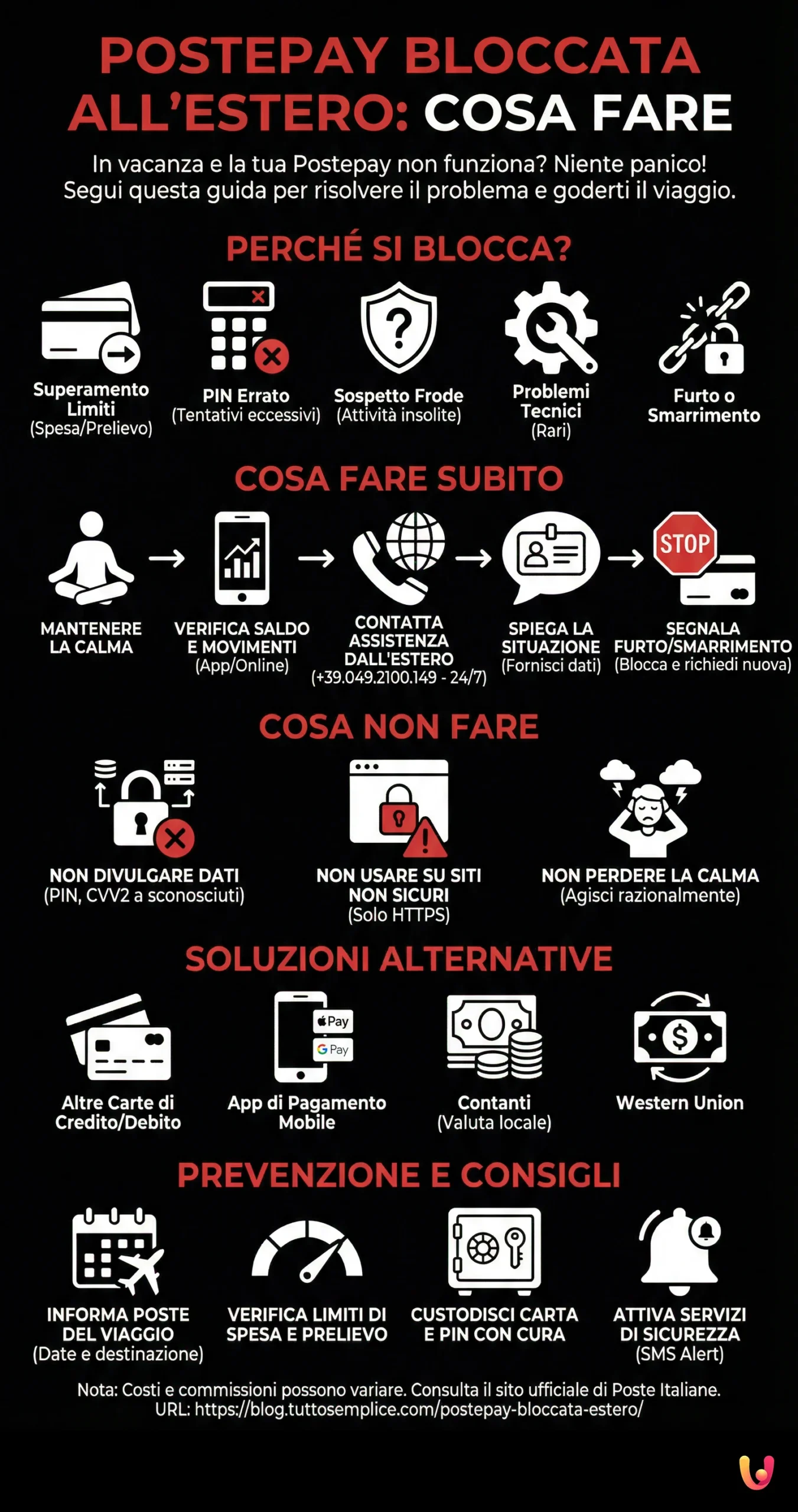 Postepay bloccata all'estero: cosa fare - Infografica riassuntiva