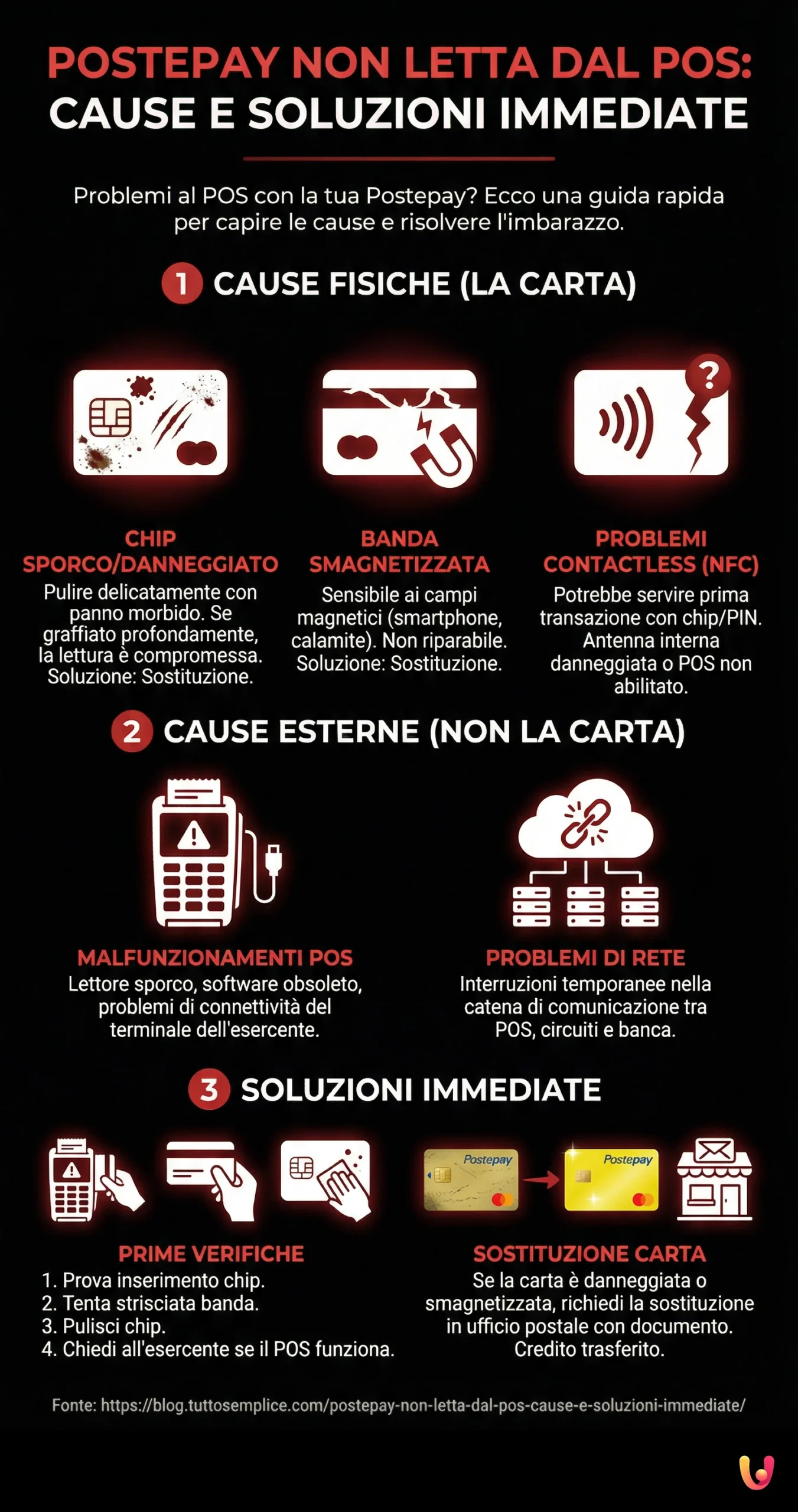Postepay non letta dal POS: cause e soluzioni immediate - Infografica riassuntiva