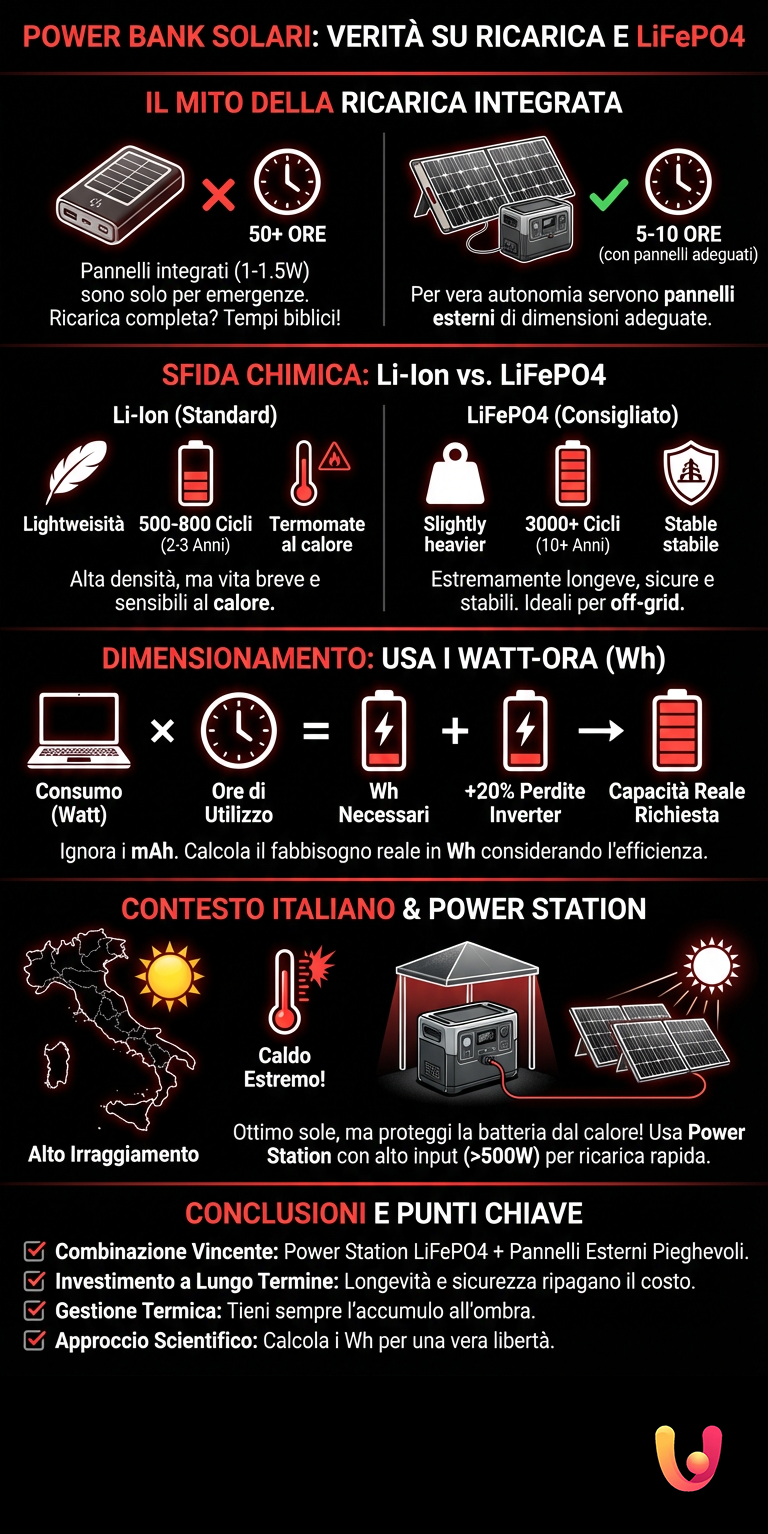Power Bank Solari: Verità su Ricarica e LiFePO4 - Infografica riassuntiva