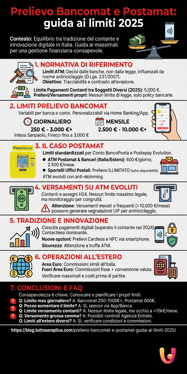 Prelievo Bancomat e Postamat: guida ai limiti 2025 - Infografica riassuntiva