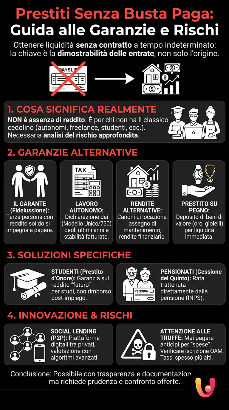 Prestiti Senza Busta Paga: Guida alle Garanzie e Rischi - Infografica riassuntiva