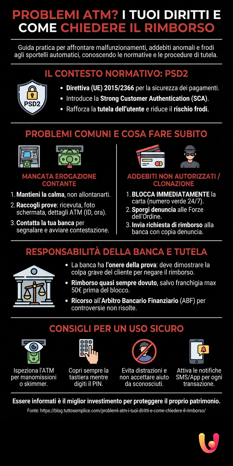 Problemi ATM? I tuoi diritti e come chiedere il rimborso - Infografica riassuntiva