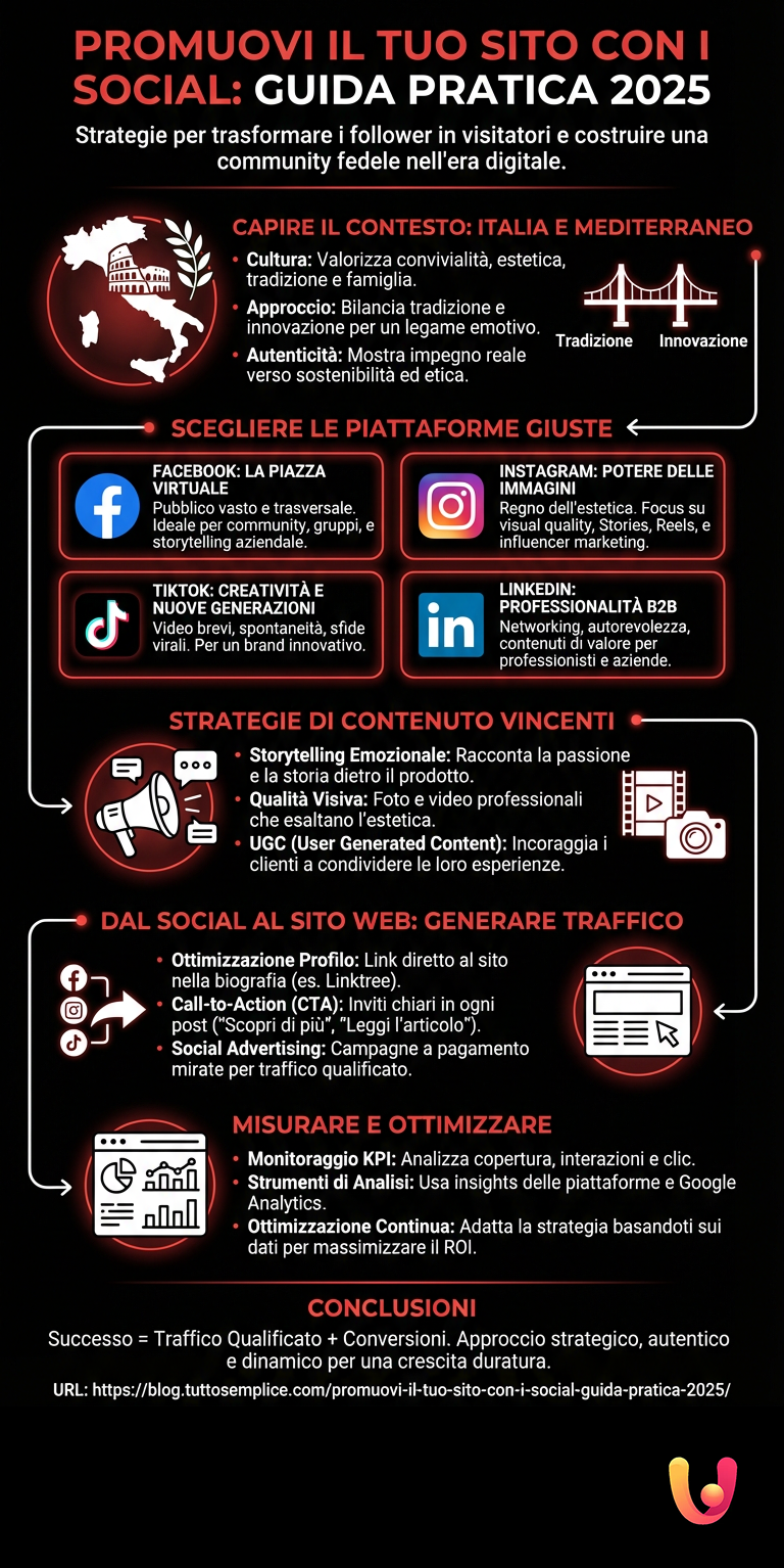 Promuovi il tuo Sito con i Social: Guida Pratica 2025 - Infografica riassuntiva