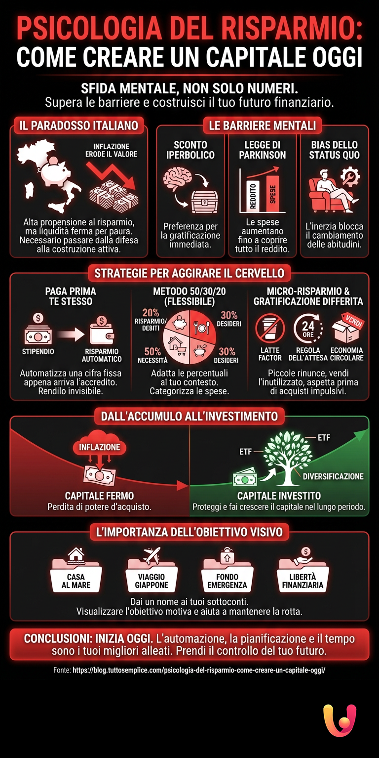 Psicologia del Risparmio: Come Creare un Capitale Oggi - Infografica riassuntiva