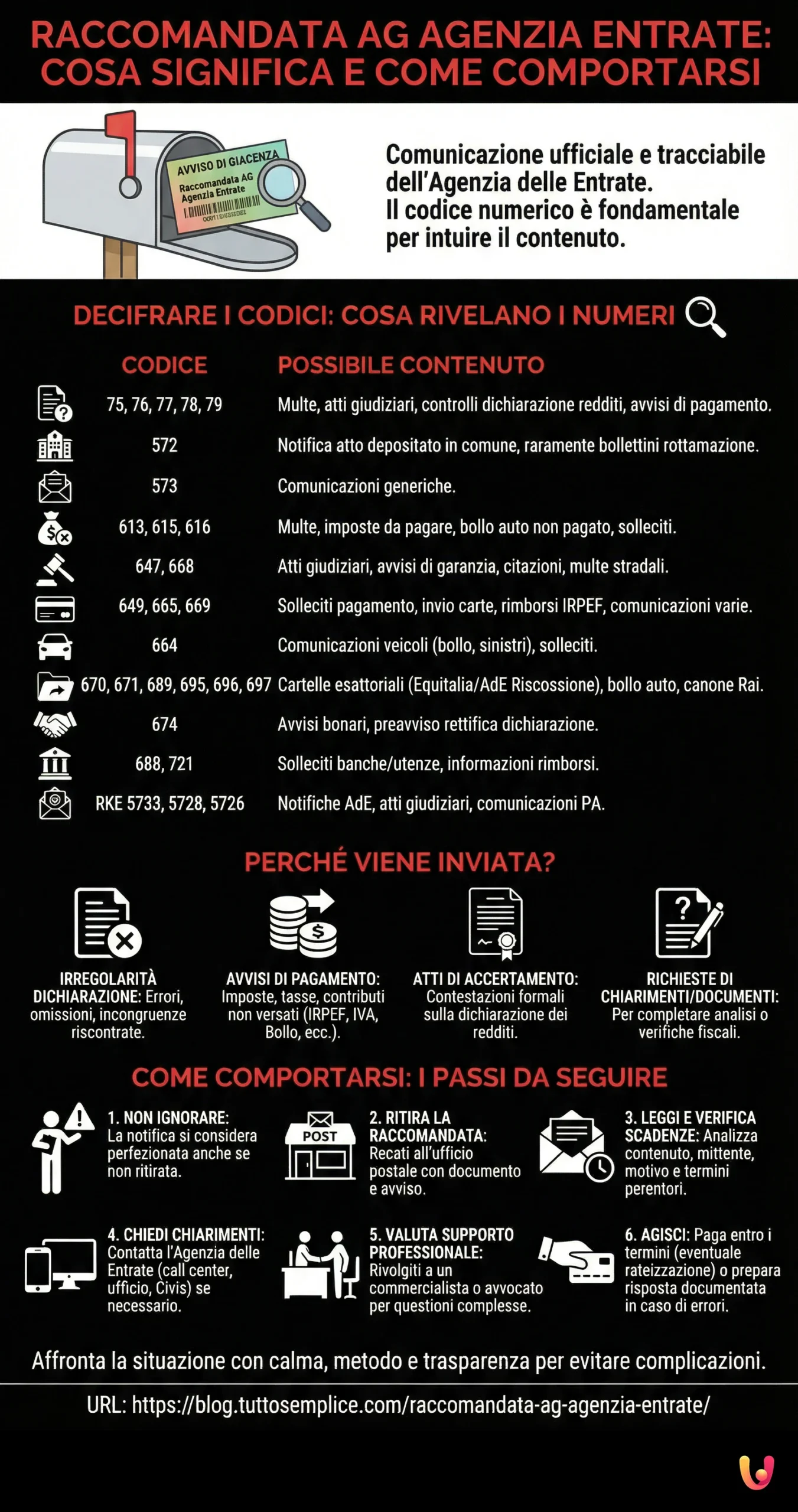 Raccomandata AG Agenzia Entrate: Cosa Significa e Come Comportarsi - Infografica riassuntiva