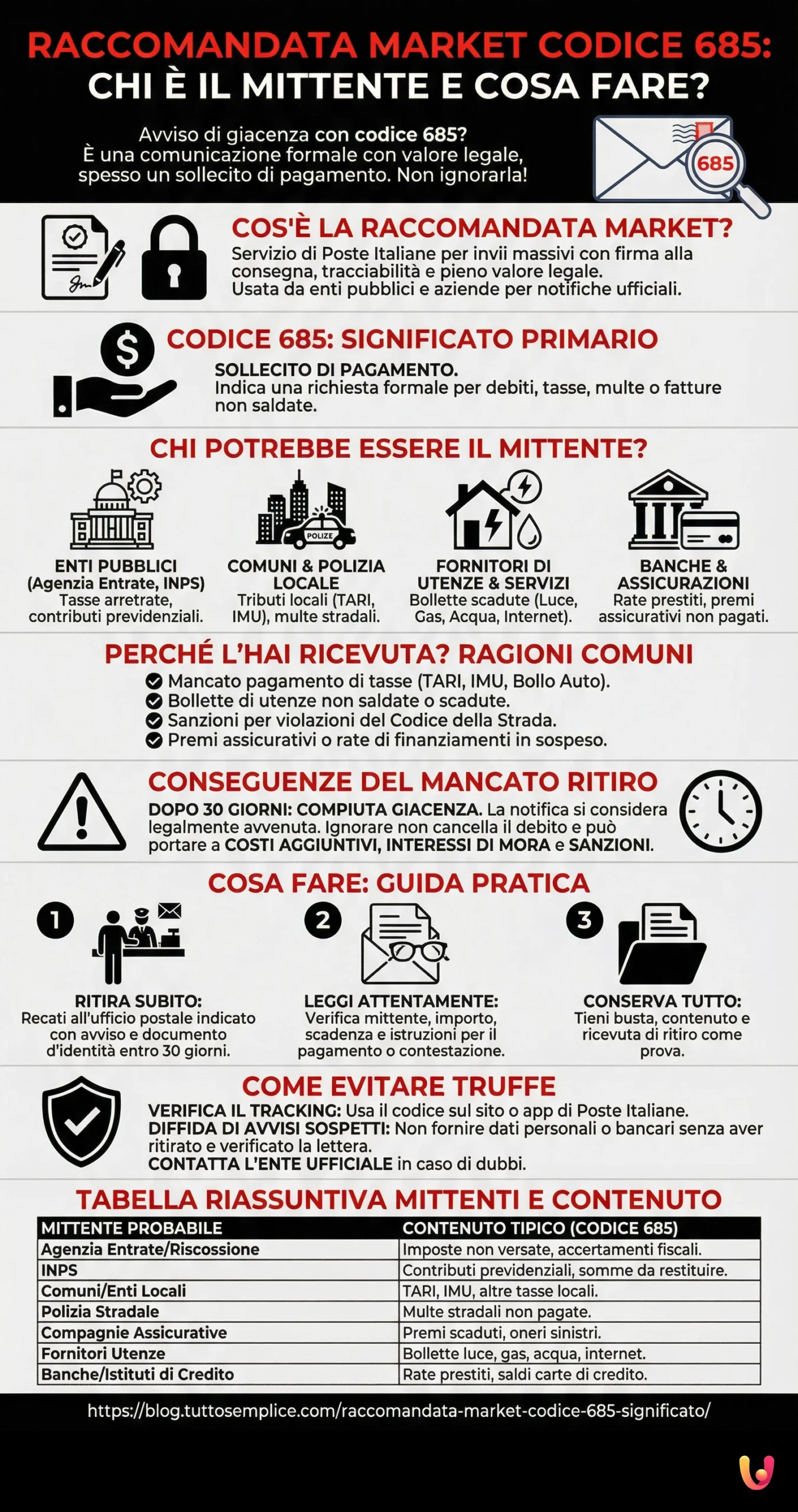 Raccomandata Market Codice 685: Chi &egrave; il Mittente e Cosa Fare? - Infografica riassuntiva