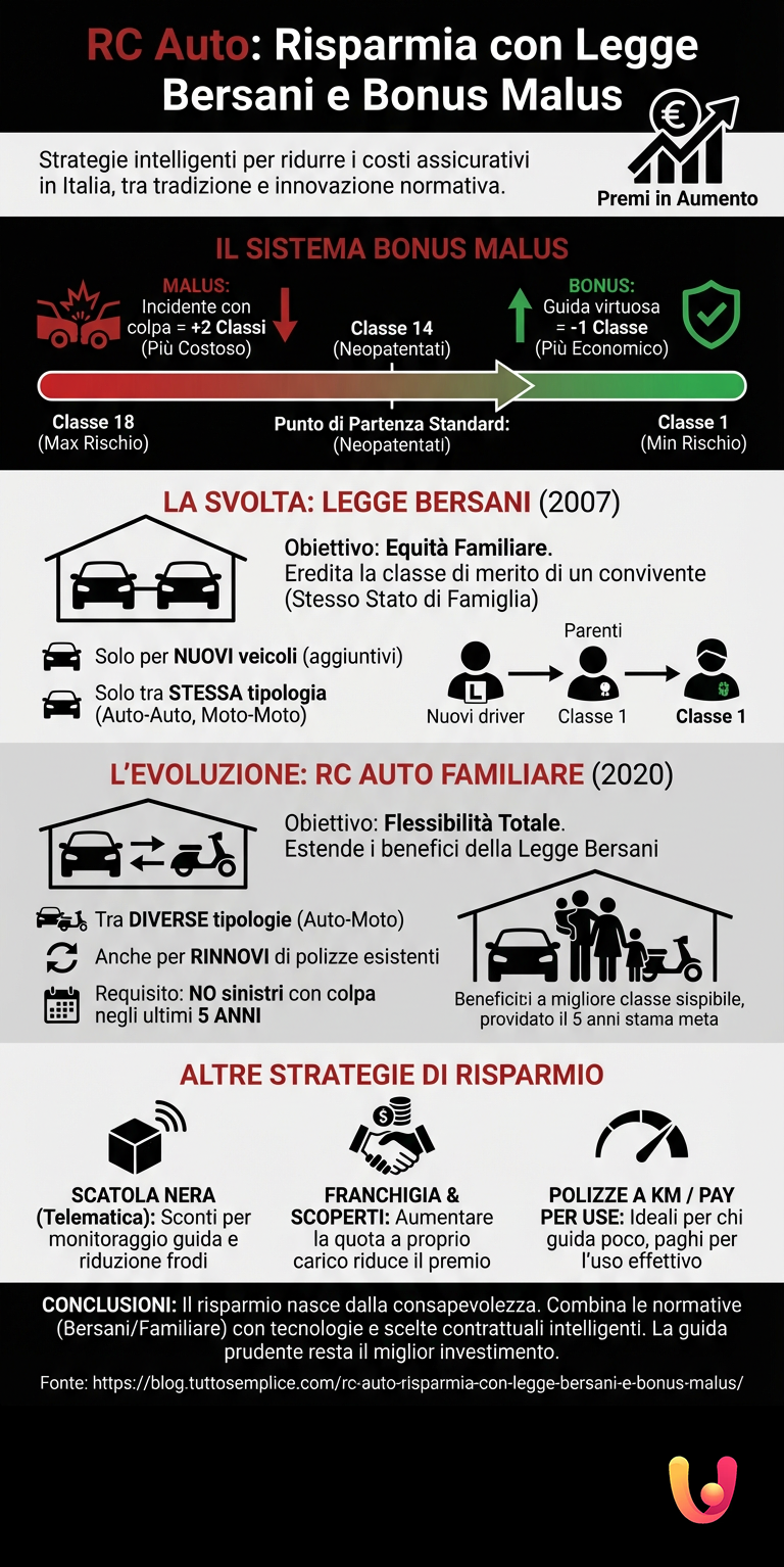 RC Auto: Risparmia con Legge Bersani e Bonus Malus - Infografica riassuntiva