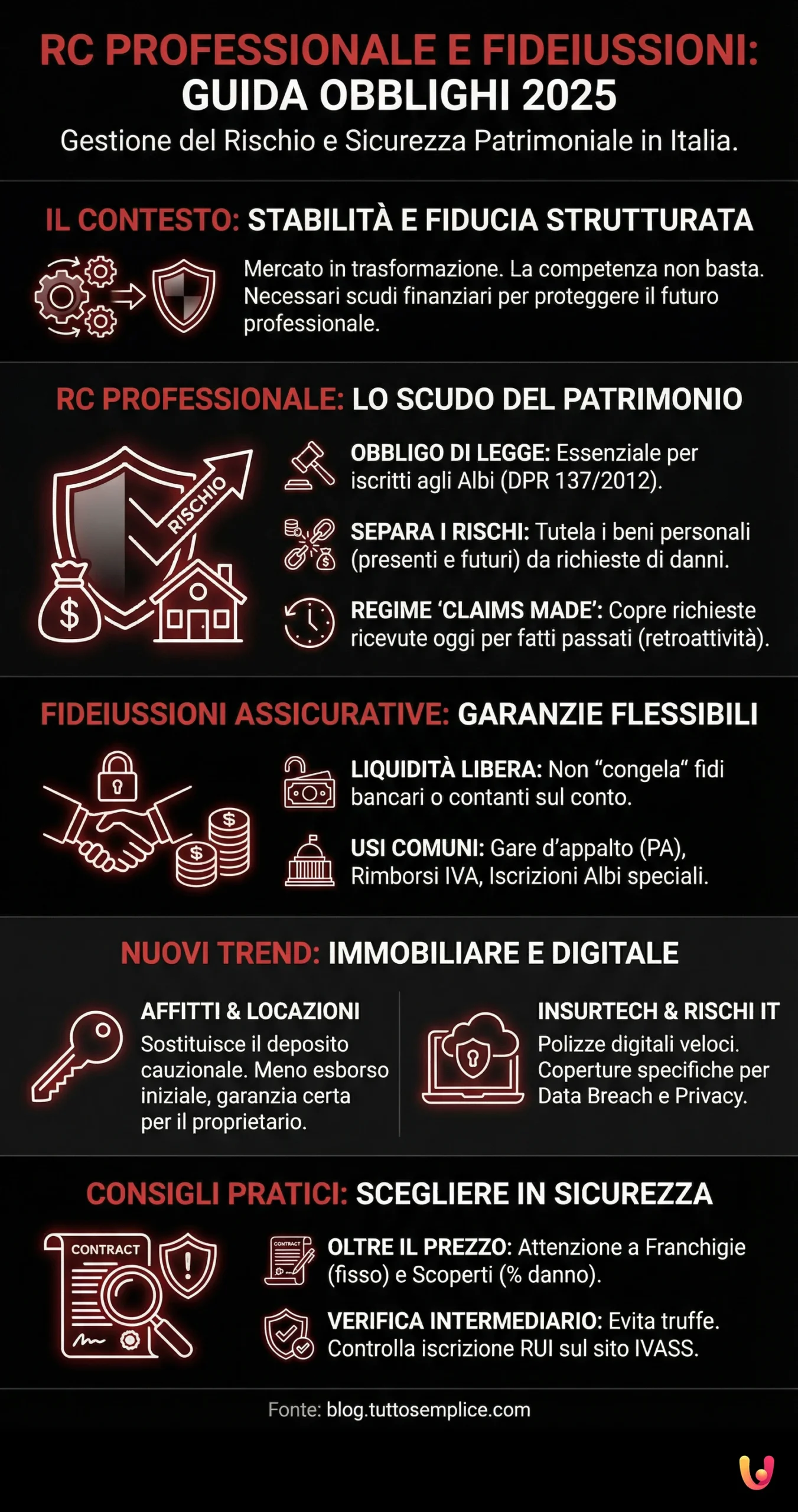 RC Professionale e Fideiussioni: Guida Obblighi 2025 - Infografica riassuntiva