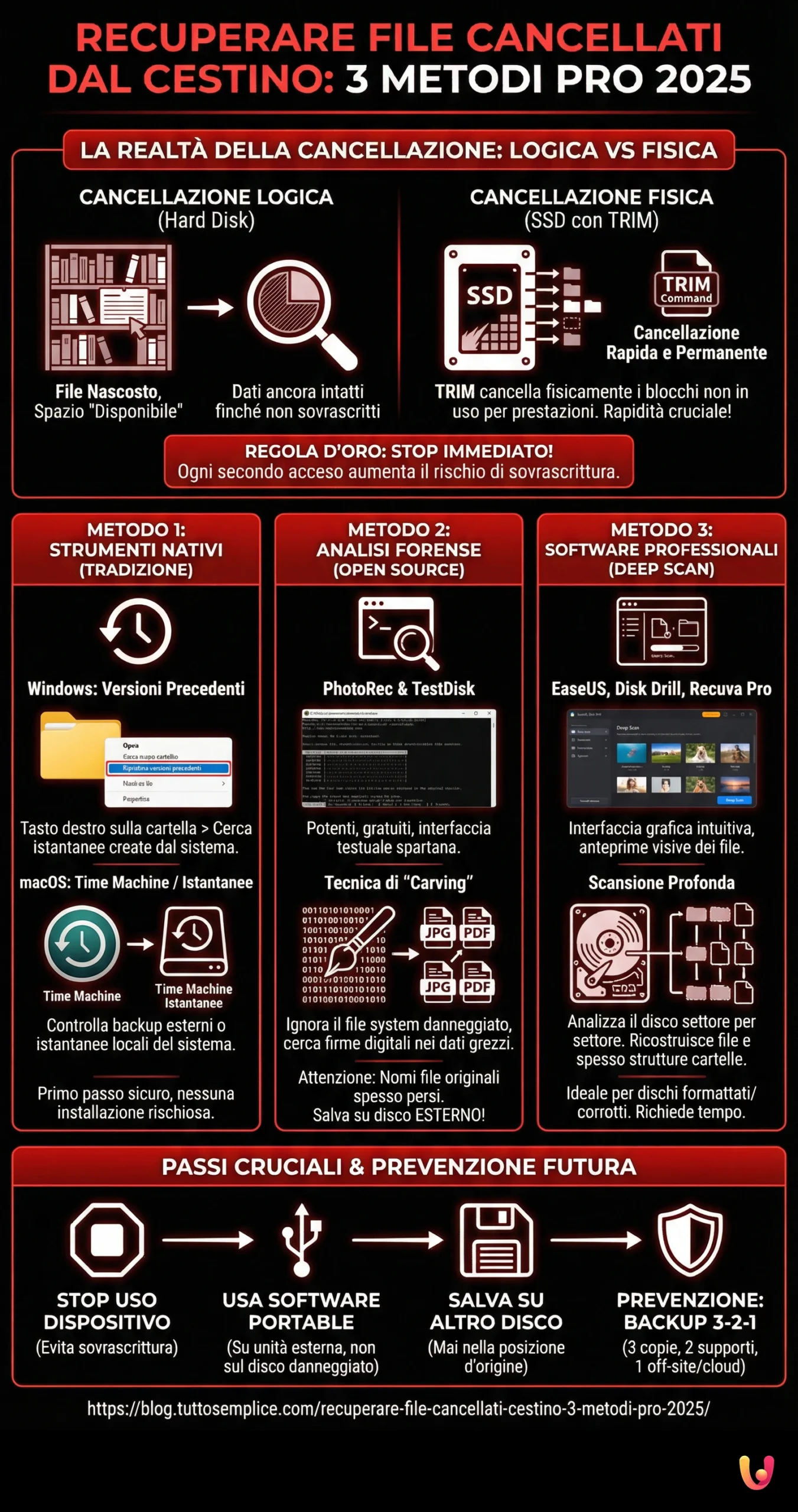 Recuperare File Cancellati Cestino: 3 Metodi Pro 2025 - Infografica riassuntiva