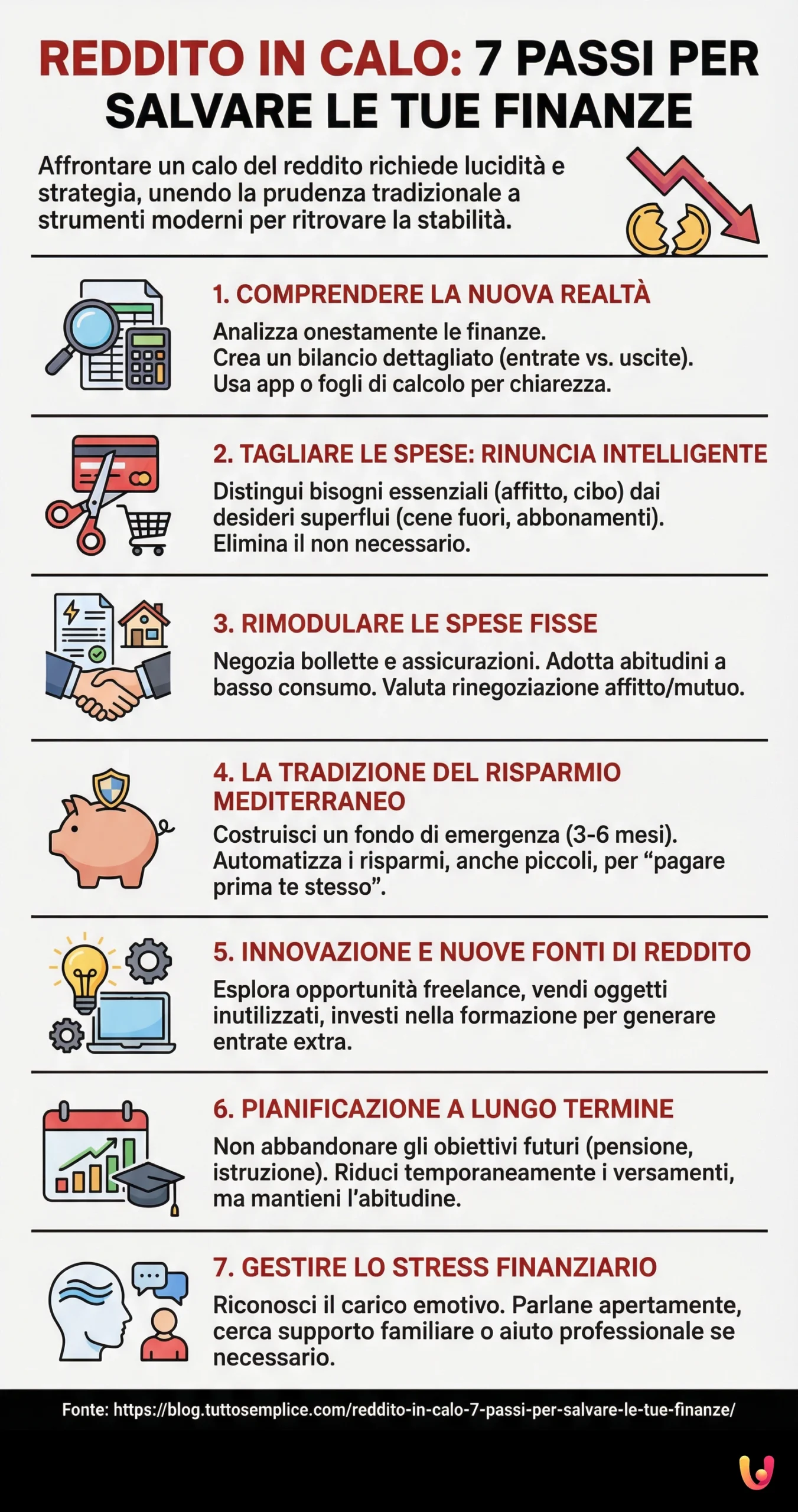 Reddito in Calo: 7 Passi per Salvare le Tue Finanze - Infografica riassuntiva