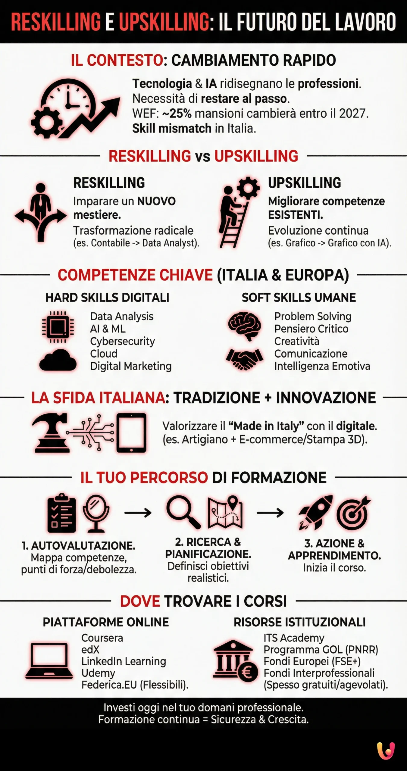 Reskilling e Upskilling: Guida ai Corsi per il Futuro del Lavoro - Infografica riassuntiva