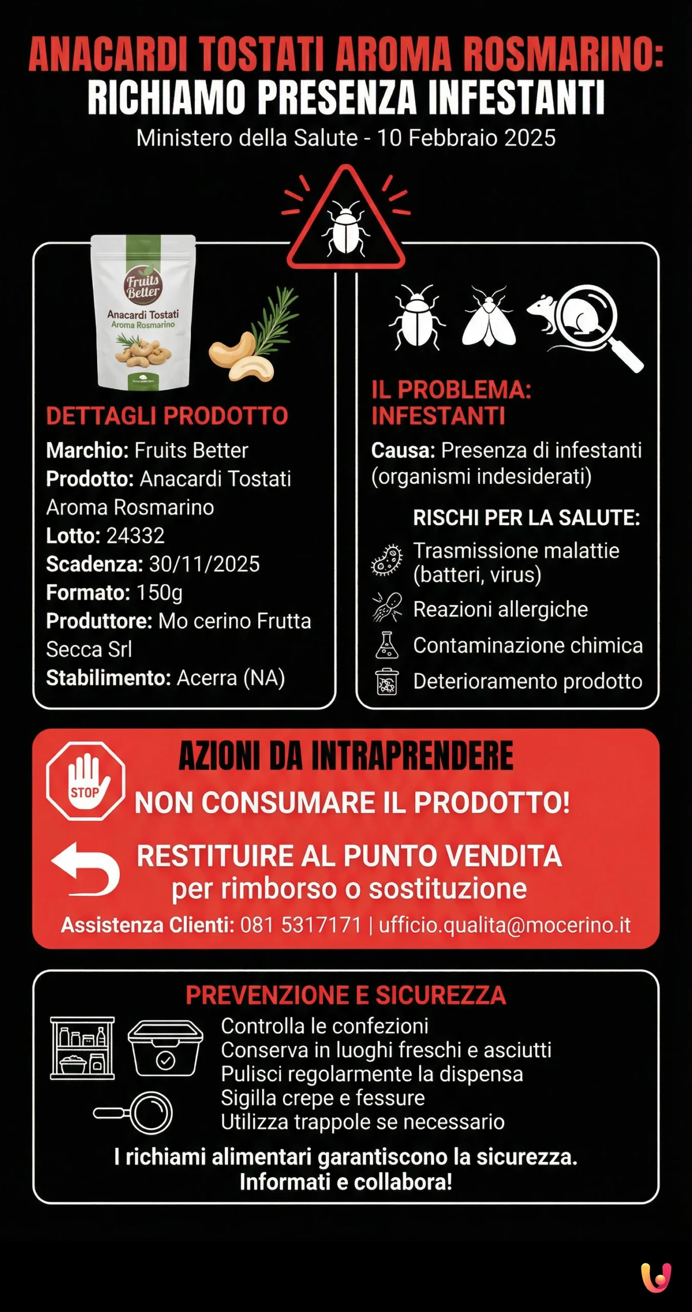 Anacardi Tostati Aroma Rosmarino: Richiamo Presenza Infestanti - Infografica riassuntiva