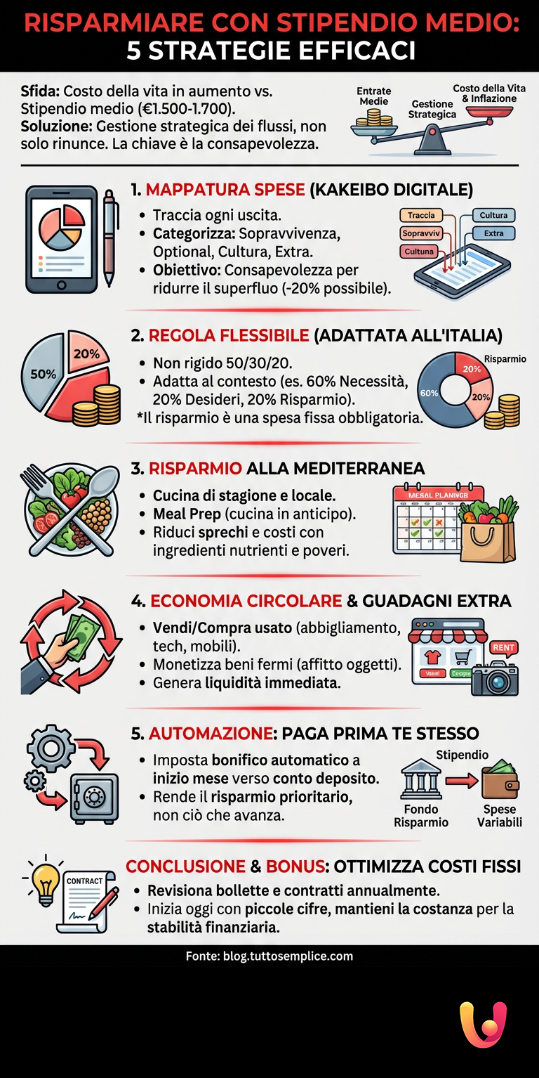 Risparmiare con Stipendio Medio: 5 Strategie Efficaci - Infografica riassuntiva