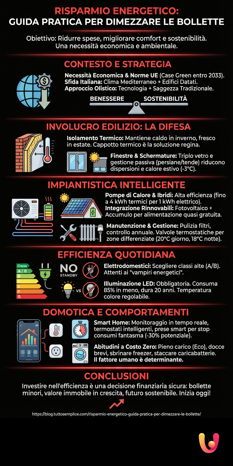 Risparmio Energetico: Guida Pratica per Dimezzare le Bollette - Infografica riassuntiva