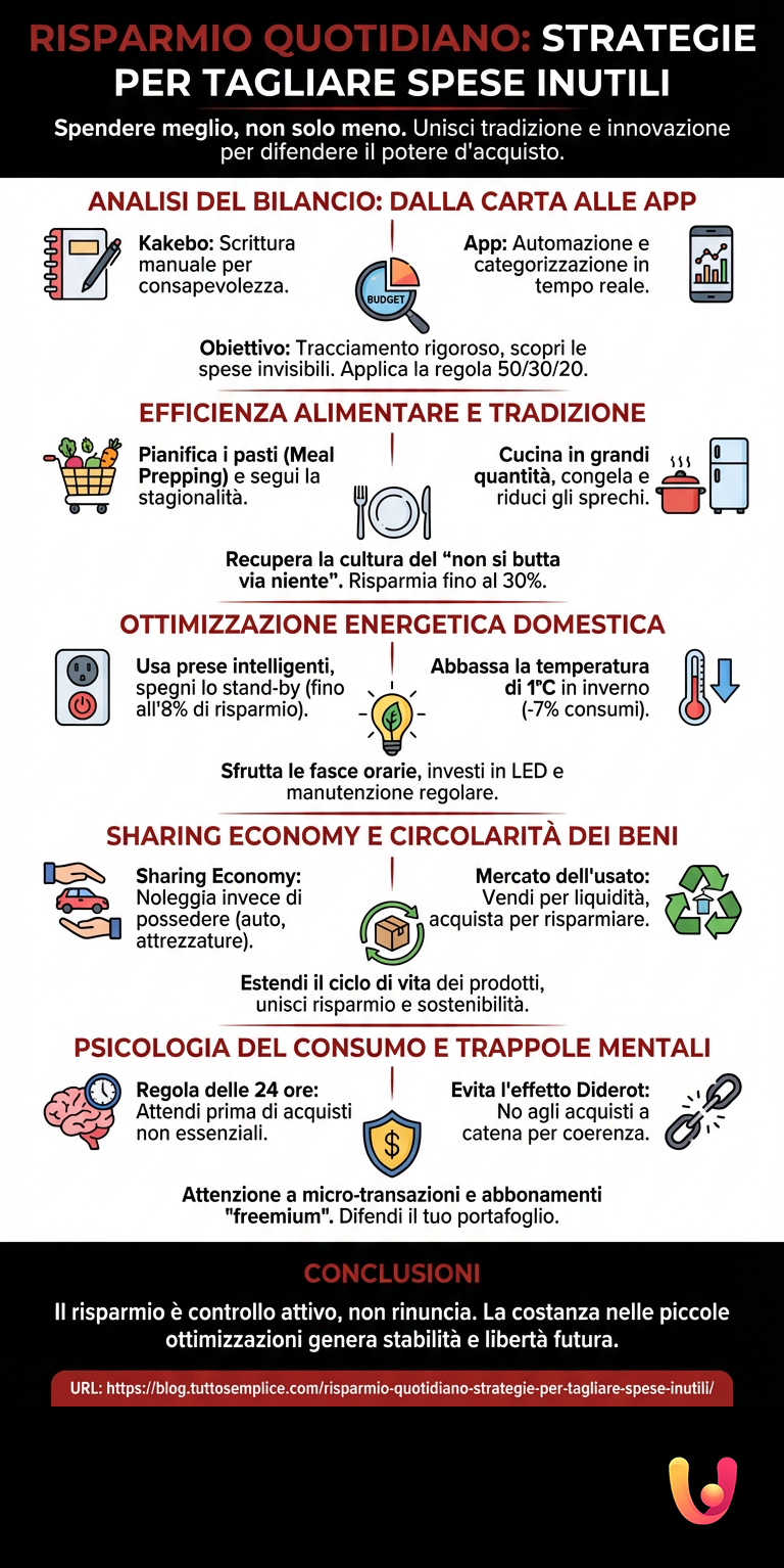 Risparmio Quotidiano: Strategie per Tagliare Spese Inutili - Infografica riassuntiva
