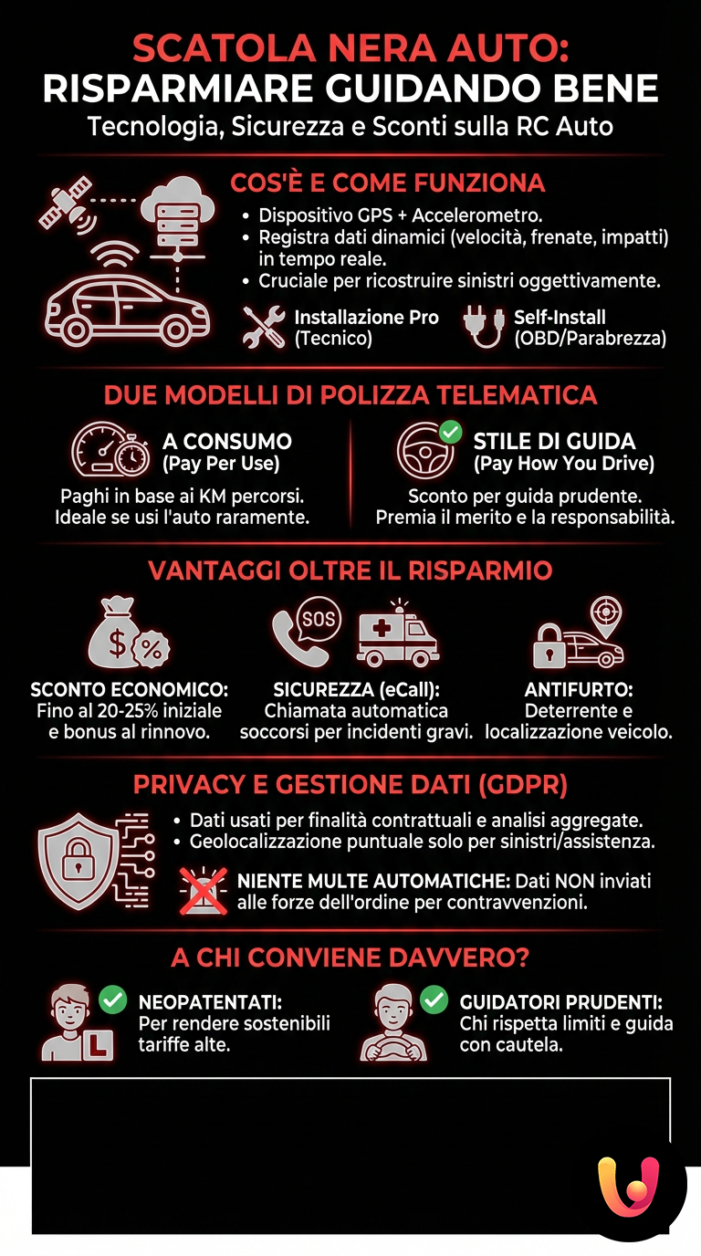 Scatola Nera Auto: Risparmiare sulla Polizza Guidando Bene - Infografica riassuntiva