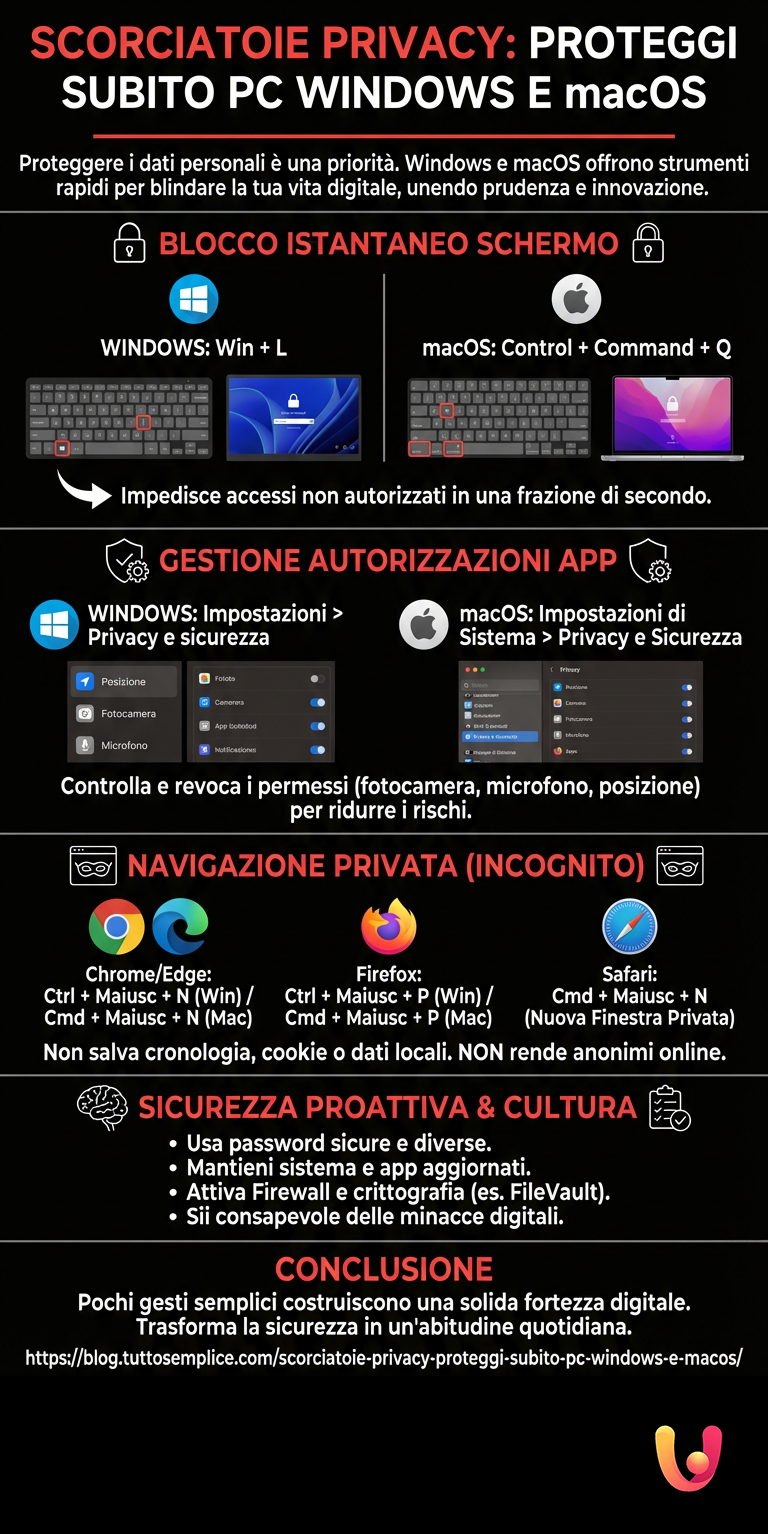 Scorciatoie Privacy: Proteggi subito PC Windows e macOS - Infografica riassuntiva