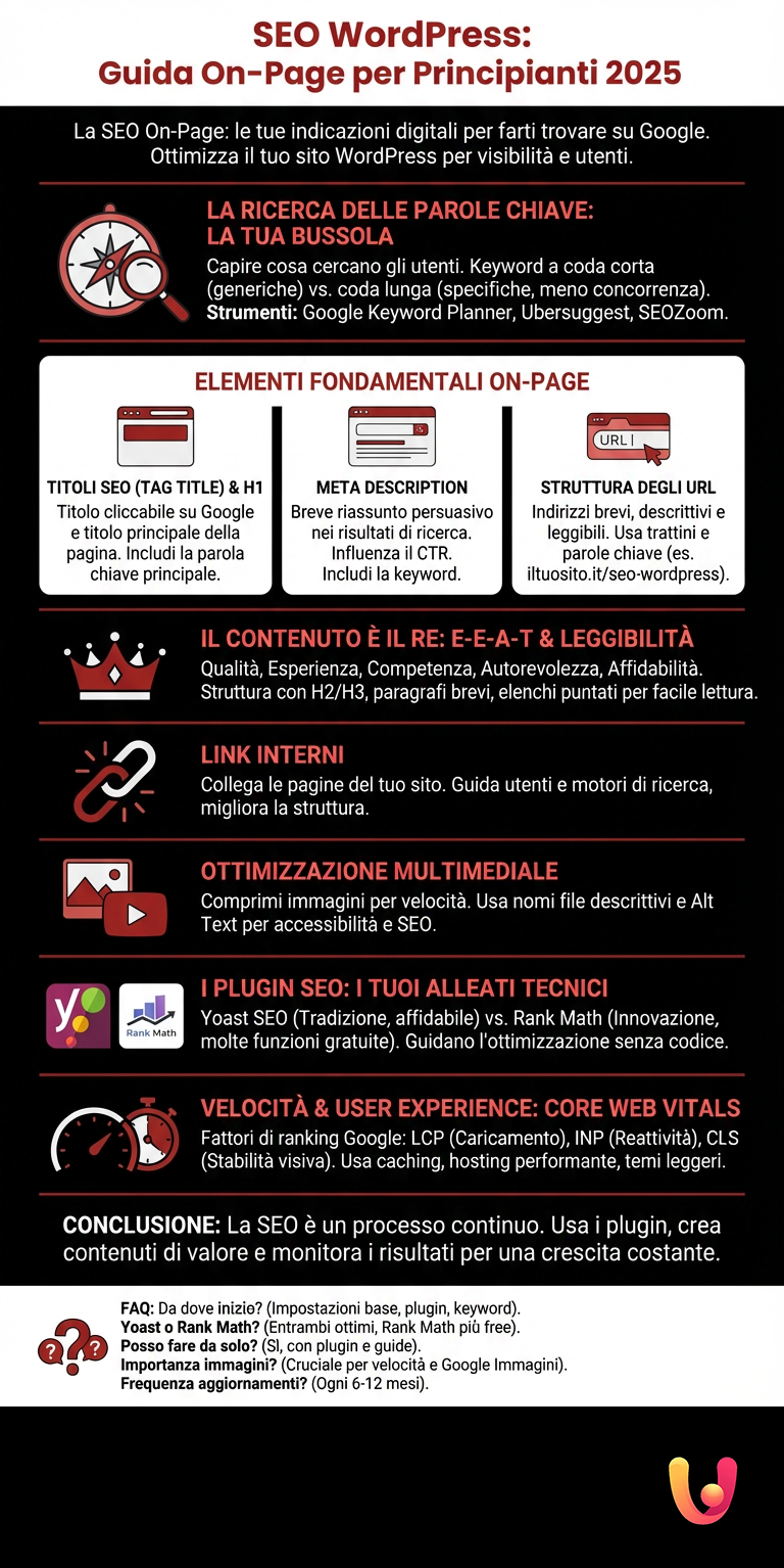 SEO WordPress: Guida On - Page per Principianti 2025 - Infografica riassuntiva