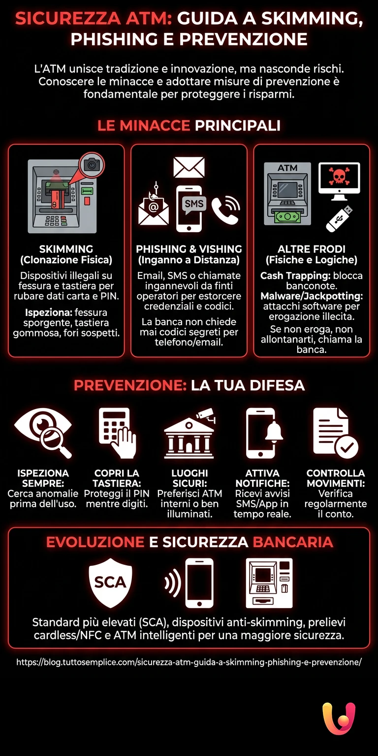 Sicurezza ATM: Guida a Skimming, Phishing e Prevenzione - Infografica riassuntiva